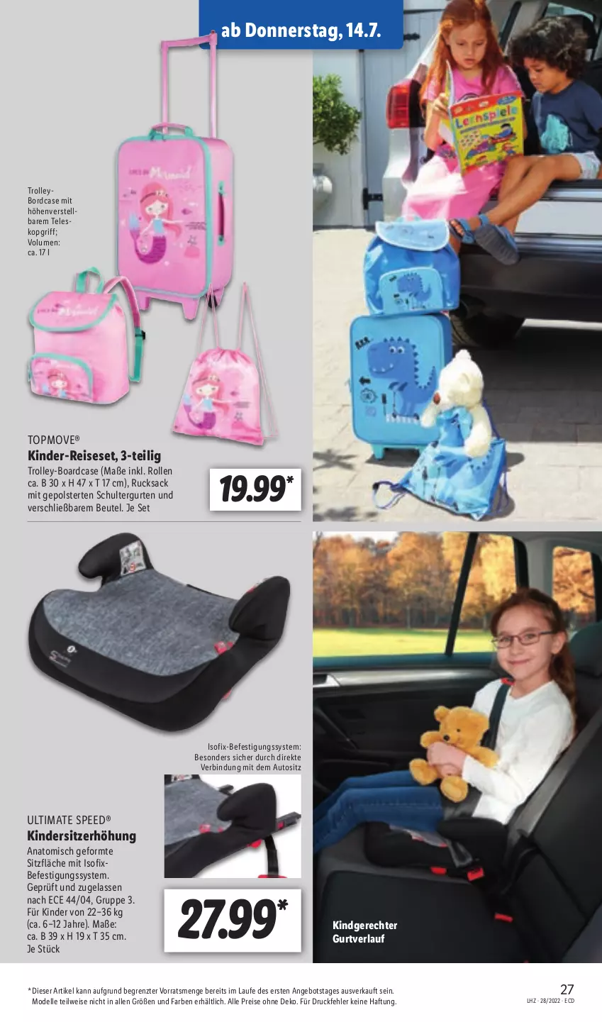 Aktueller Prospekt Lidl - Aktionsprospekt - von 11.07 bis 16.07.2022 - strona 27 - produkty: angebot, auto, beutel, dell, eis, elle, Kinder, Kindersitz, Mode, reis, Reiseset, rucksack, sac, schultergurt, Sitzerhöhung, spee, Teleskop, Ti, trolley, ZTE