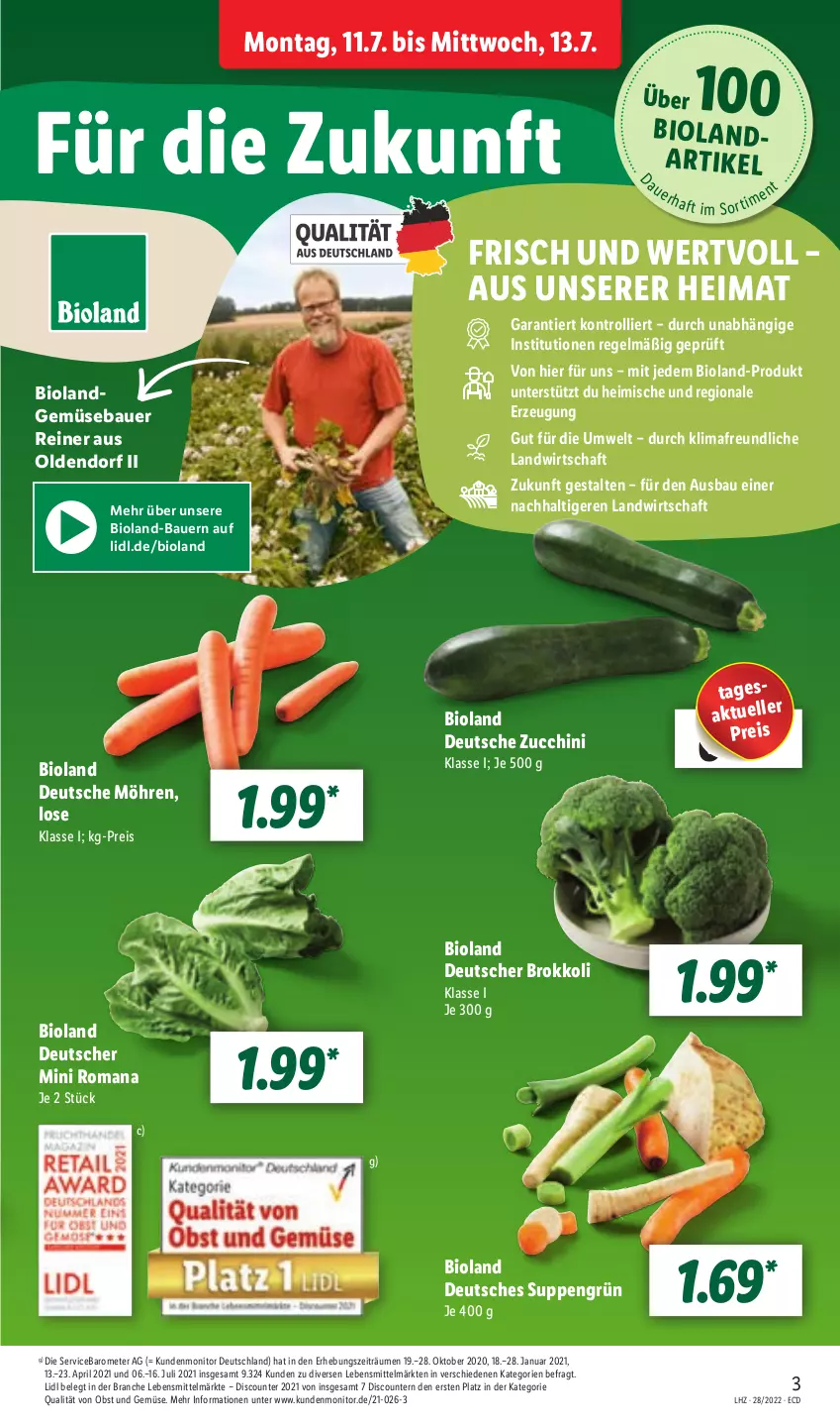 Aktueller Prospekt Lidl - Aktionsprospekt - von 11.07 bis 16.07.2022 - strona 3 - produkty: auer, Bau, Bauer, bio, bioland, brokkoli, discount, eis, elle, lebensmittel, möhren, monitor, obst, Obst und Gemüse, pril, reis, suppe, suppen, Ti, trolli, und gemüse, usb, zucchini