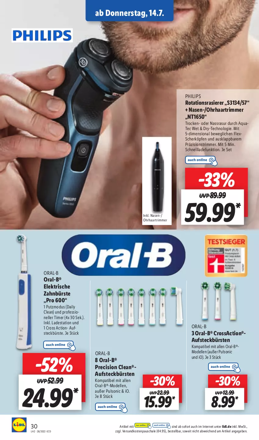 Aktueller Prospekt Lidl - Aktionsprospekt - von 11.07 bis 16.07.2022 - strona 30 - produkty: aqua, cross action, dell, elle, Mode, ndk, oral-b, Philips, precision clean, rasierer, sac, Schal, Schale, schnellladefunktion, Ti, timer