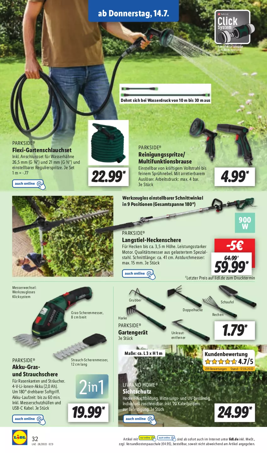 Aktueller Prospekt Lidl - Aktionsprospekt - von 11.07 bis 16.07.2022 - strona 32 - produkty: akku, brause, Brei, eis, Garten, gartenschlauch, heckenschere, Kraut, messer, ndk, Parkside, rasen, Rauch, Reinigung, reis, rwe, Schal, Schale, Schere, schlauch, Spezi, Strauchschere, Ti, usb, wasser, werkzeug, ZTE