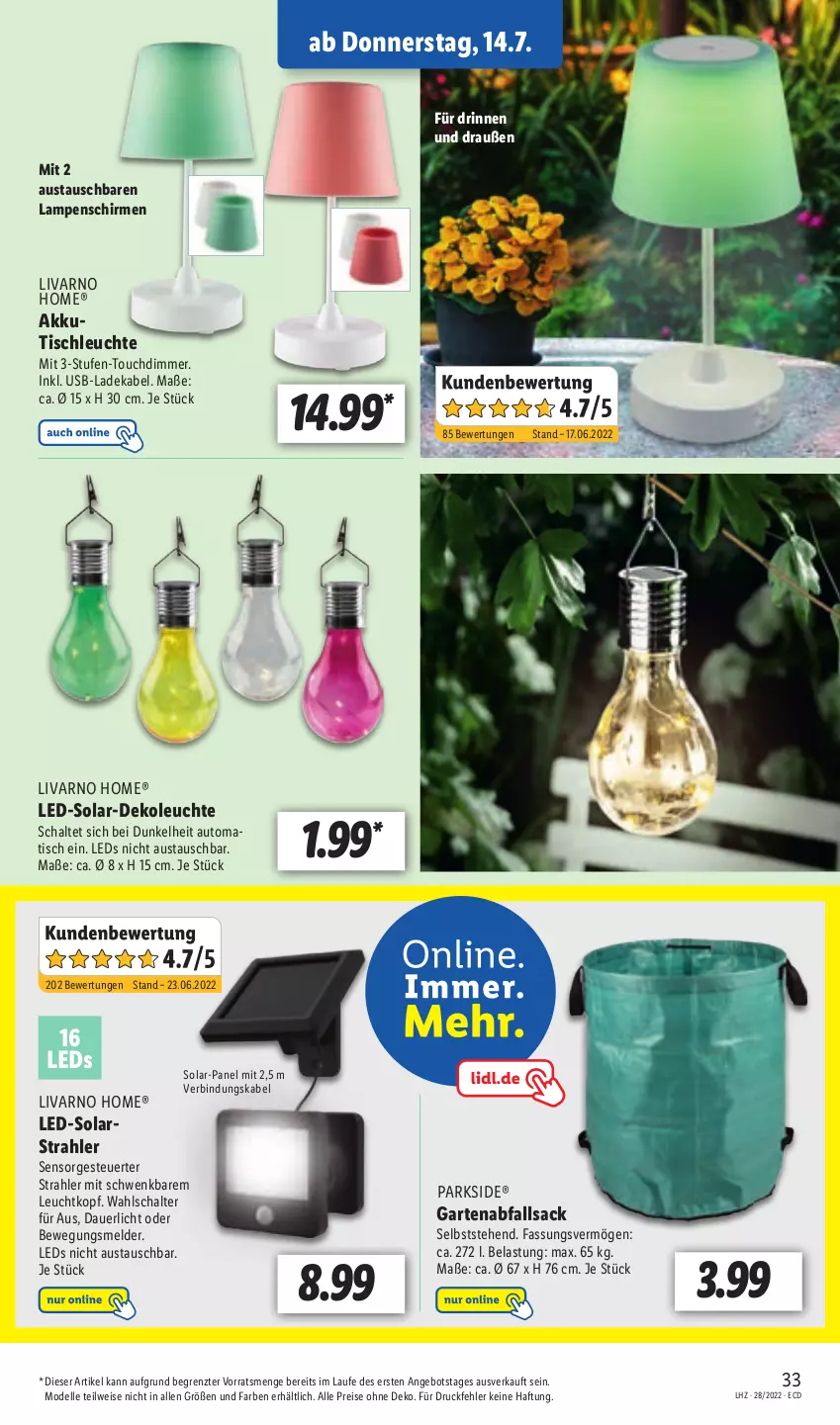 Aktueller Prospekt Lidl - Aktionsprospekt - von 11.07 bis 16.07.2022 - strona 33 - produkty: akku, angebot, auer, aust, auto, deka, Dekoleuchte, dell, dimmer, eis, elle, Garten, ladekabel, Lampe, Lampenschirm, leds, Leuchte, Mode, Parkside, reis, sac, Schal, schirme, Ti, tisch, tischleuchte, usb, ZTE