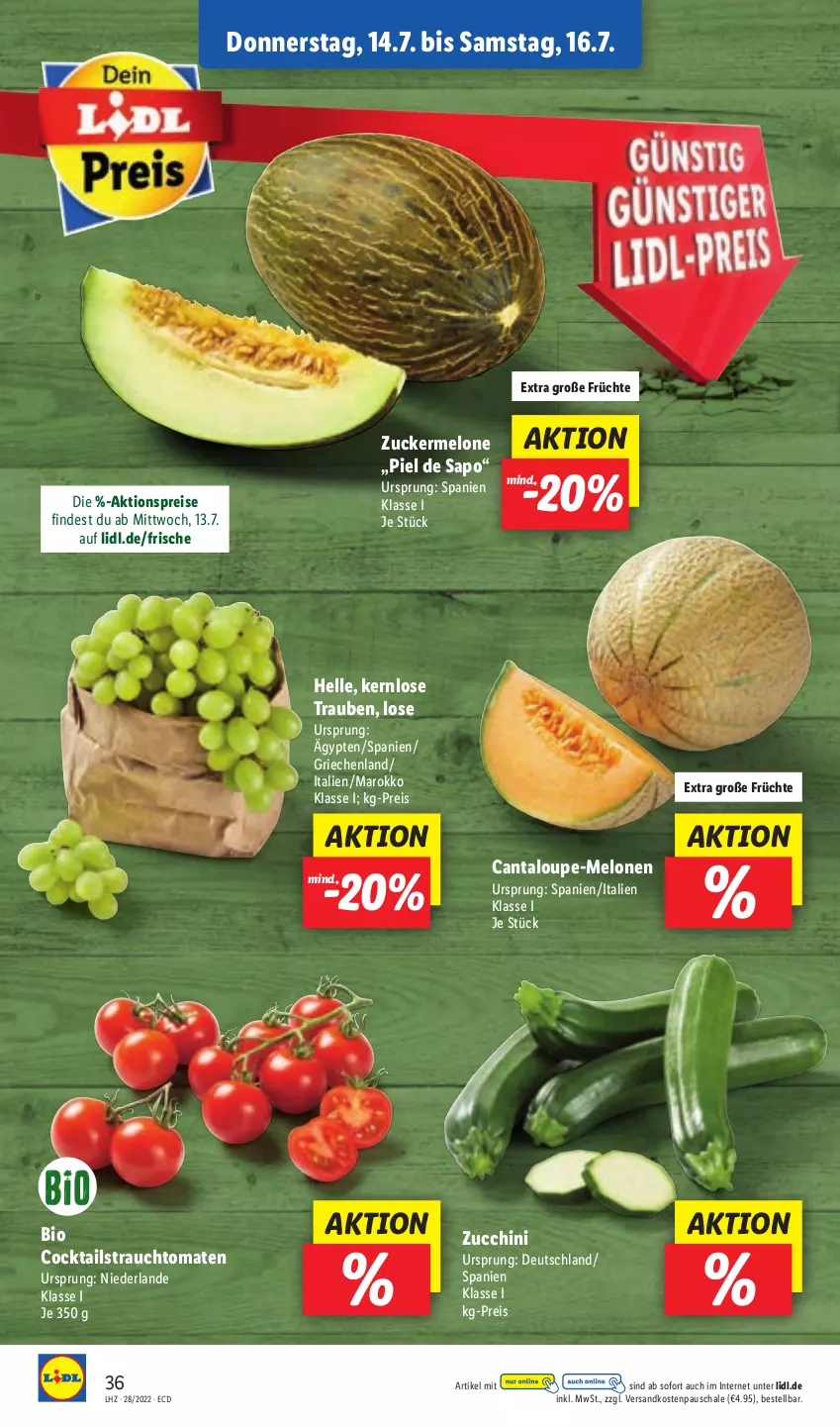 Aktueller Prospekt Lidl - Aktionsprospekt - von 11.07 bis 16.07.2022 - strona 36 - produkty: aktionspreis, bio, Cantaloupe-melone, cocktail, cocktails, eis, elle, früchte, melone, melonen, ndk, Rauch, reis, Schal, Schale, strauchtomaten, Ti, tomate, tomaten, trauben, zucchini, zucker, Zuckermelone