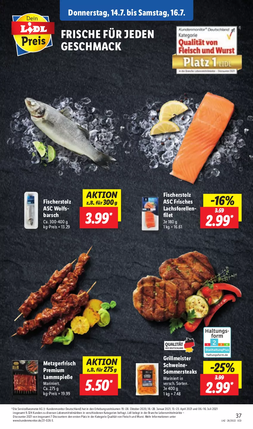 Aktueller Prospekt Lidl - Aktionsprospekt - von 11.07 bis 16.07.2022 - strona 37 - produkty: discount, eis, elle, filet, fisch, fische, Fischer, fleisch, forelle, grill, lachs, lamm, Lammspieße, lebensmittel, mac, Meister, monitor, pril, reis, rel, schwein, schweine, steak, steaks, Ti, wein, weine, wolfsbarsch, wurst