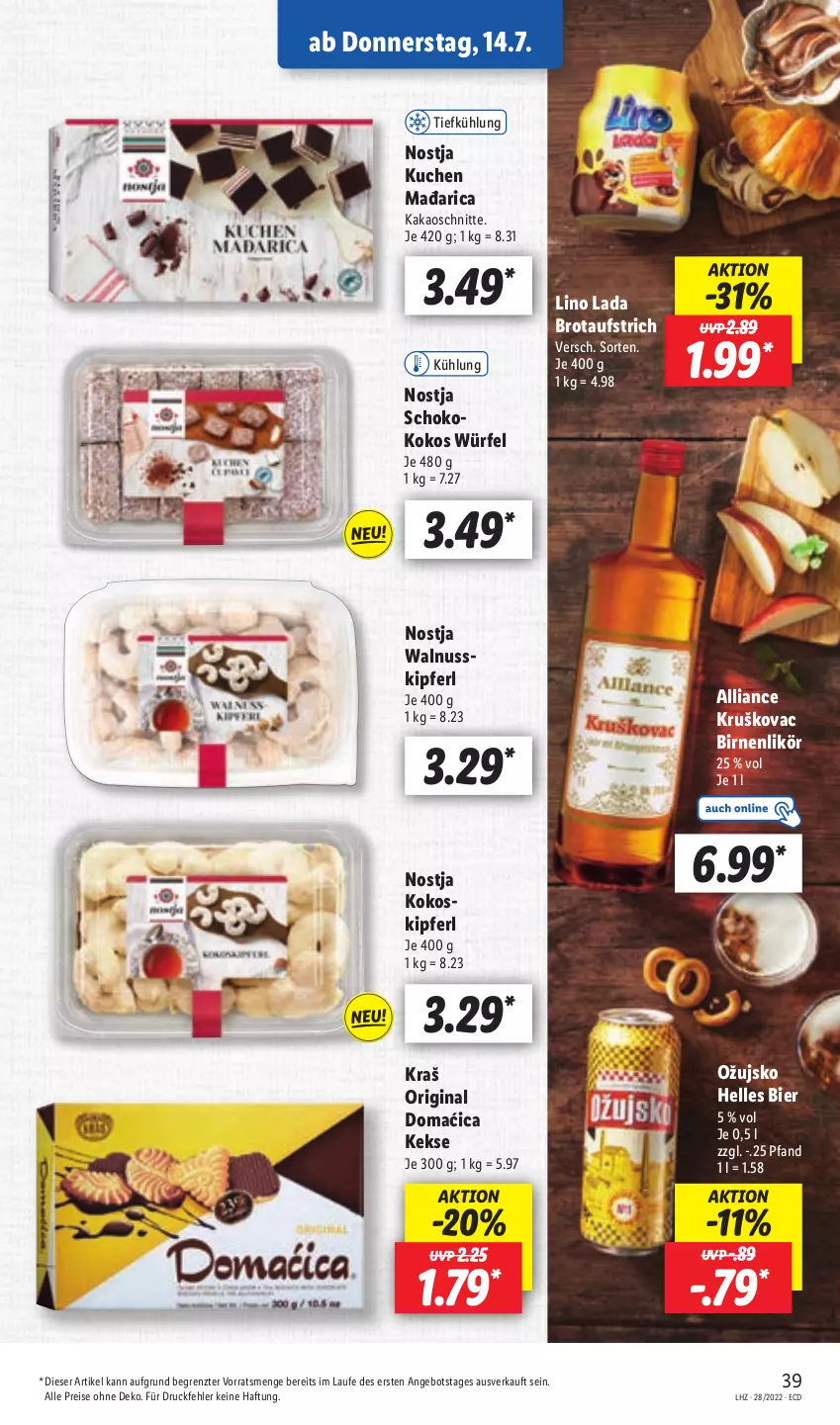 Aktueller Prospekt Lidl - Aktionsprospekt - von 11.07 bis 16.07.2022 - strona 39 - produkty: angebot, aufstrich, bier, Birnen, brot, brotaufstrich, eis, elle, gin, kakao, keks, kekse, kokos, kuchen, likör, nuss, reis, schoko, Ti, walnuss, würfel, ZTE