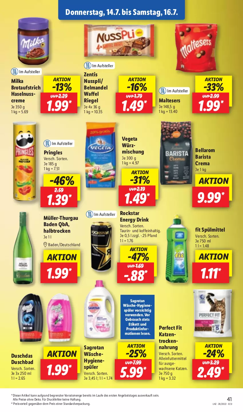 Aktueller Prospekt Lidl - Aktionsprospekt - von 11.07 bis 16.07.2022 - strona 41 - produkty: alleinfuttermittel, angebot, aufstrich, Bad, Belmandel, brot, brotaufstrich, creme, drink, duschbad, duschdas, eis, elle, energy drink, haselnuss, malteser, mandel, milka, Müller, nuss, nusspli, Perfect Fit, preisvorteil, pringles, Rauch, reis, riegel, ring, Rockstar, rwe, sagrotan, spülmittel, teller, Ti, Vegeta, zentis, ZTE