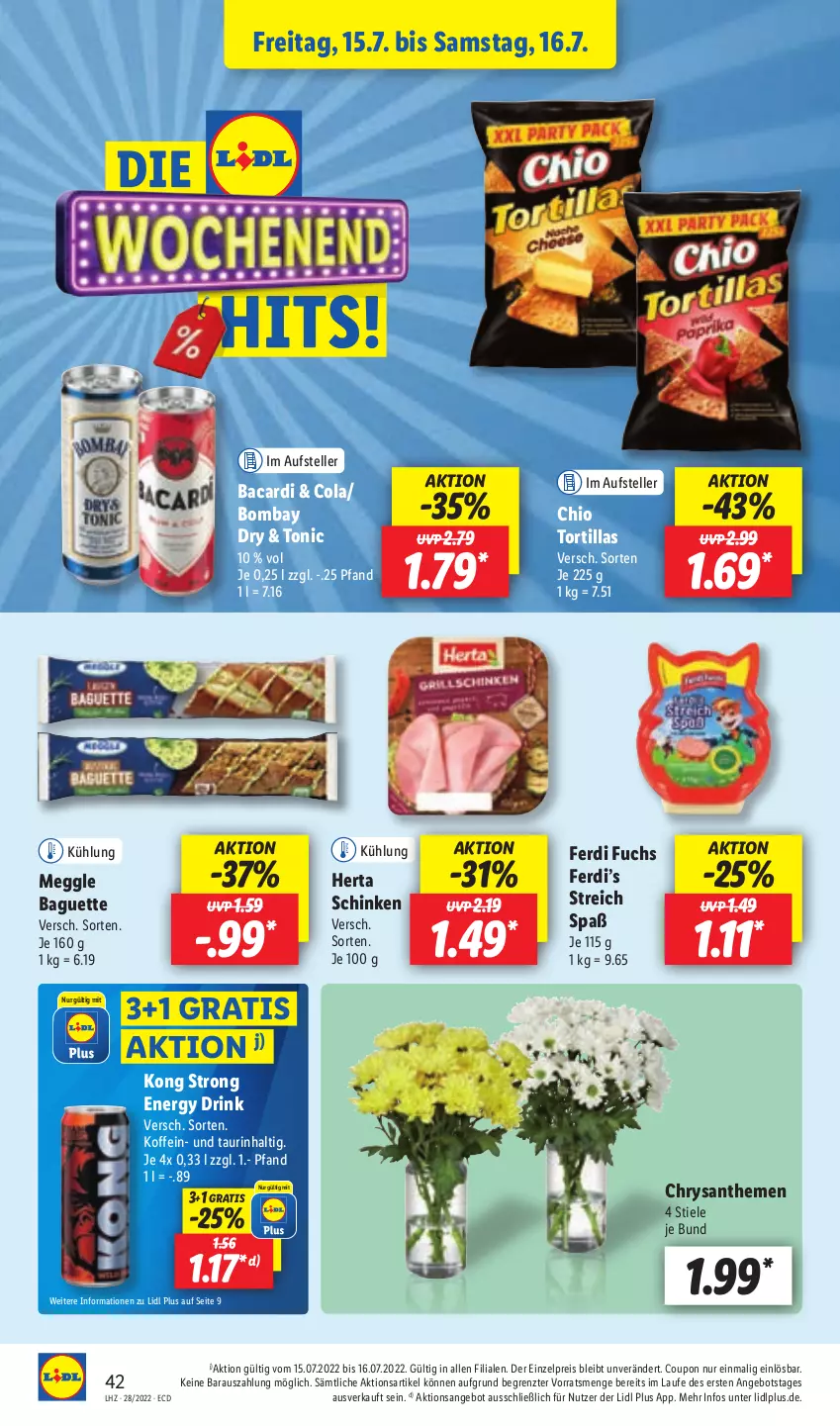 Aktueller Prospekt Lidl - Aktionsprospekt - von 11.07 bis 16.07.2022 - strona 42 - produkty: angebot, bacardi, baguette, chrysanthemen, cola, coupon, drink, eis, elle, energy drink, ferdi fuchs, herta, meggle, reis, schinken, teller, Ti, tonic, tortilla, tortillas, ZTE