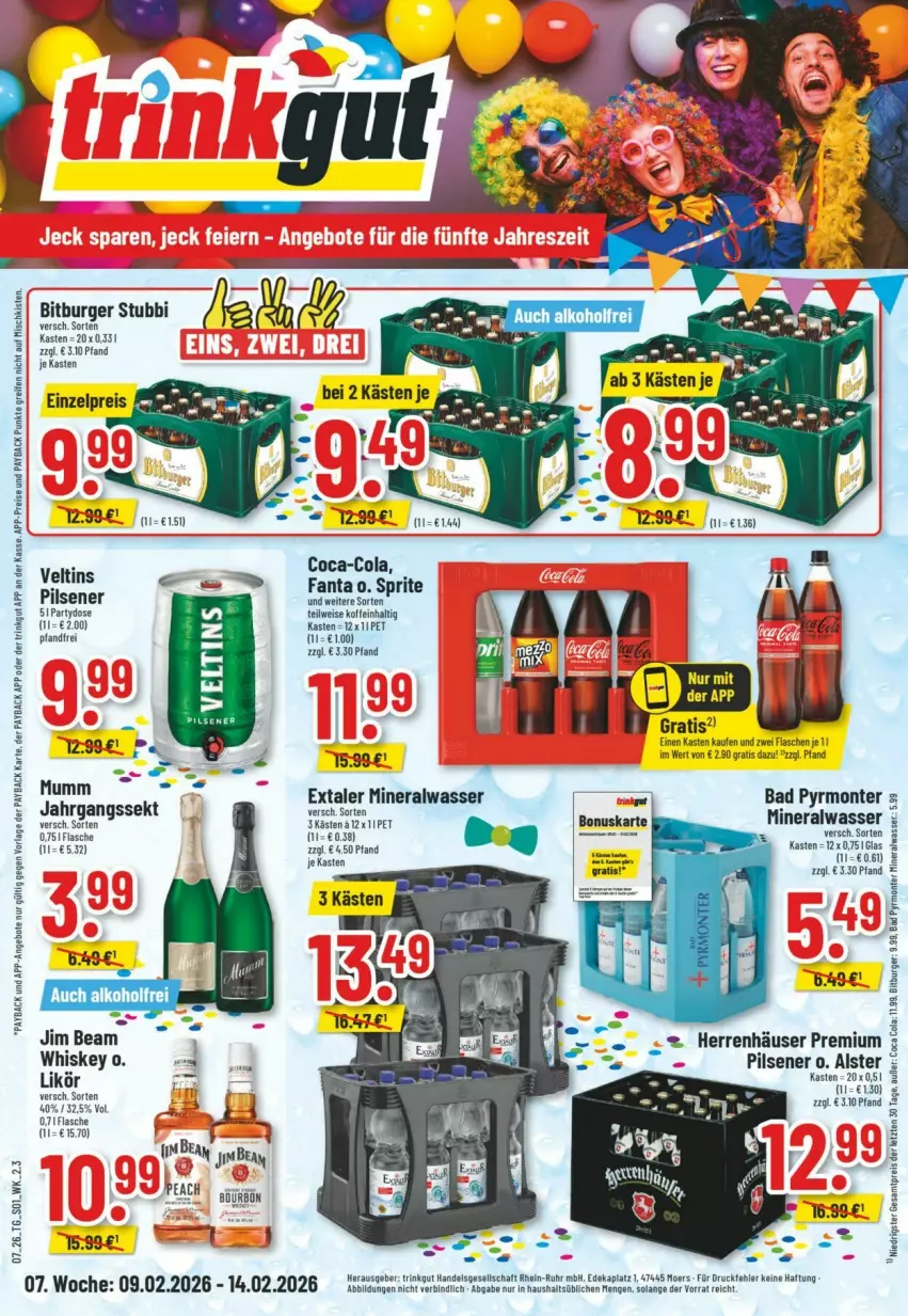 Aktueller Prospekt Trinkgut - Prospekte - von 08.02 bis 14.02.2026 - strona 1 - produkty: Alwa, angebot, angebote, Bad, bitburger, burger, coca-cola, cola, deka, eis, Extaler, fanta, flasche, jahrgangssekt, mineralwasser, monte, mumm, payback, pils, pilsener, reifen, reis, sekt, sprite, Ti, uhr, veltins, wasser