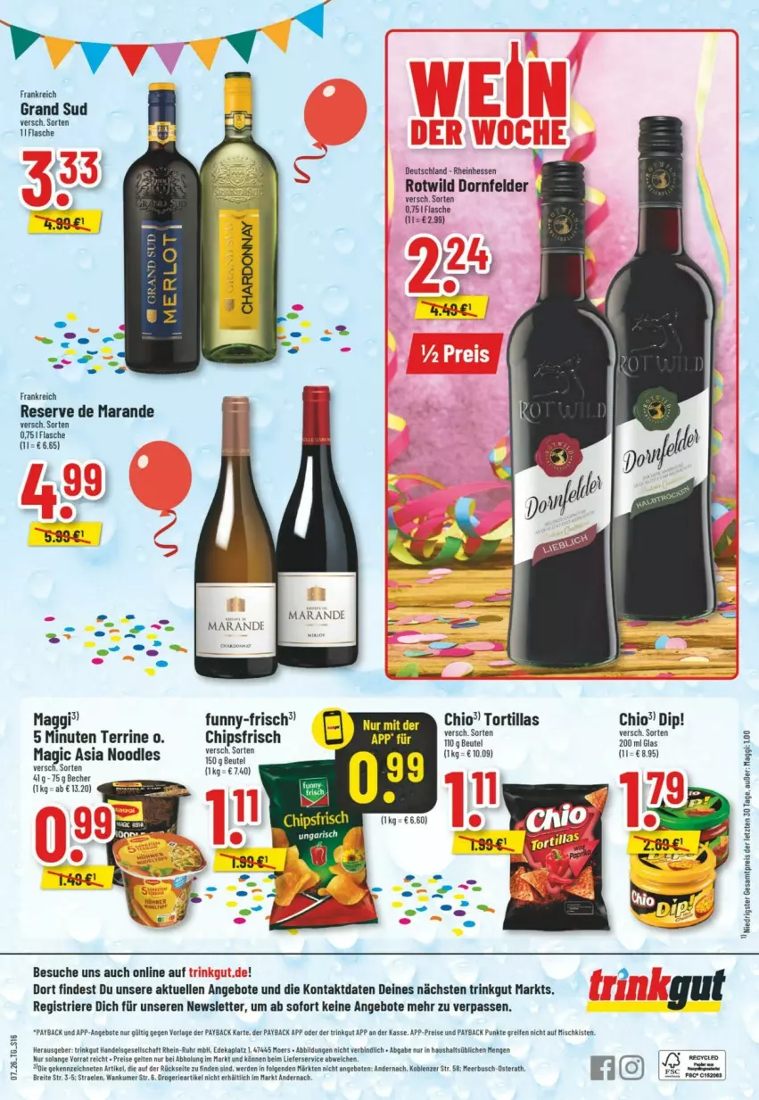 Aktueller Prospekt Trinkgut - Prospekte - von 08.02 bis 14.02.2026 - strona 18 - produkty: angebot, angebote, Becher, Brei, chips, chipsfrisch, deka, dip, dornfelder, eis, flasche, funny-frisch, grand sud, maggi, payback, reifen, reis, terrine, Ti, tortilla, tortillas, uhr, Wild, ZTE