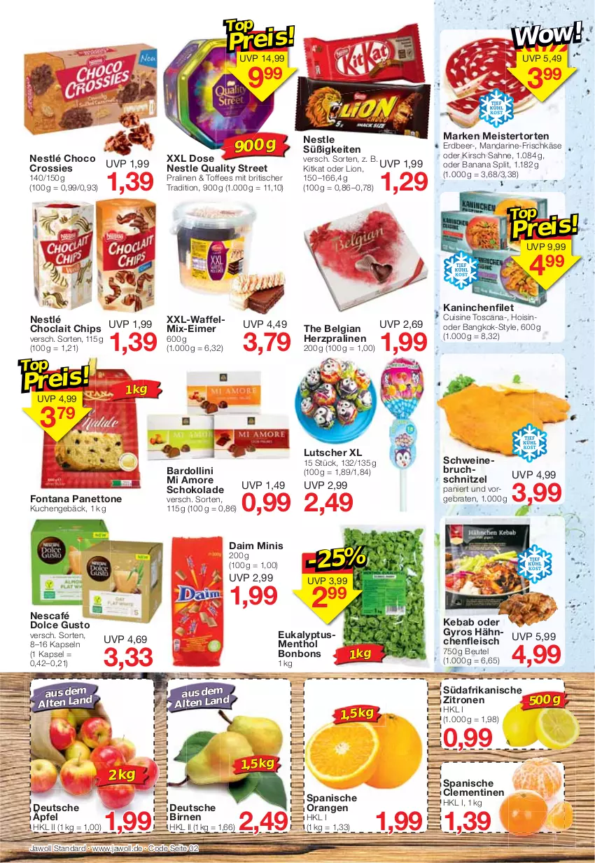 Aktueller Prospekt Jawoll - Prospekte - von 09.01 bis 15.01.2022 - strona 2 - produkty: beutel, Birnen, bonbons, braten, chips, choclait chips, choco crossies, clementinen, crossies, daim, dolce gusto, eimer, eis, filet, fleisch, frischkäse, gyros, Hähnchenfleisch, Käse, kirsch, kitkat, kuchen, LG, lion, Lutscher, mandarine, Meister, Nescafé, nestlé, orange, orangen, pralinen, reis, sahne, schnitzel, schoko, schokolade, schwein, schweine, Ti, tisch, torte, wein, weine, zitrone, zitronen