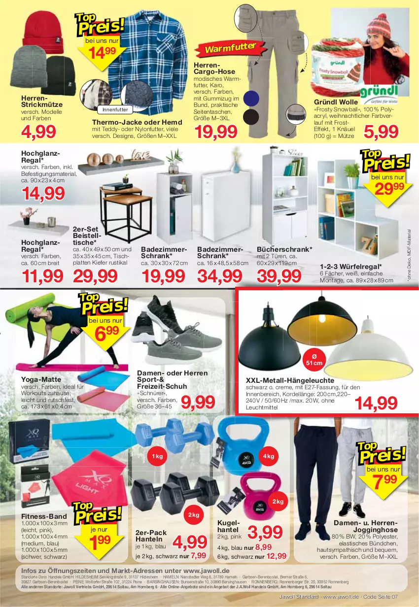 Aktueller Prospekt Jawoll - Prospekte - von 09.01 bis 15.01.2022 - strona 7 - produkty: angebot, angebote, asti, Bad, ball, beistelltisch, Berger, Brei, creme, dell, eis, elle, gin, Hängeleuchte, Hanteln, hemd, hochglanz, hose, HP, Jacke, Jogginghose, Kugel, latte, Leuchte, leuchtmittel, Mode, Mütze, regal, Ria, Schrank, Sport, Tasche, taschen, Ti, tisch, tischplatte, Tischplatten, wolle, würfel, Yo