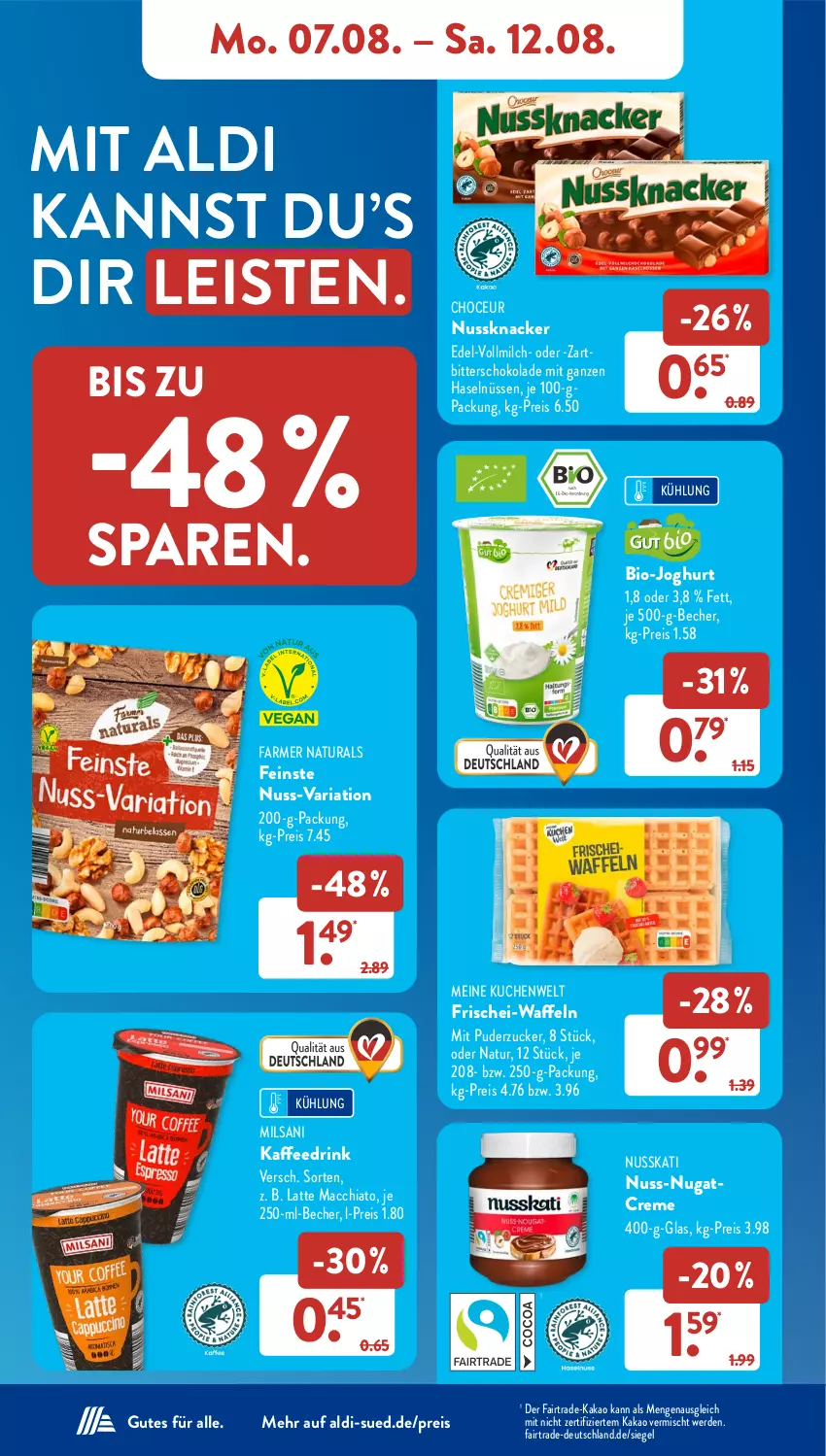 Aktueller Prospekt AldiSud - NÄCHSTE WOCHE - von 07.08 bis 12.08.2023 - strona 10 - produkty: ACC, aldi, Becher, bio, bio-joghurt, chia, creme, drink, eis, erde, joghur, joghurt, kaffee, Kaffeedrink, kakao, knacker, kuchen, latte, latte macchiato, mac, macchiato, milch, natur, natura, nuss, Nussknacker, reis, Ria, schoko, schokolade, Ti, vollmilch, waffeln, Zartbitterschokolade, zucker