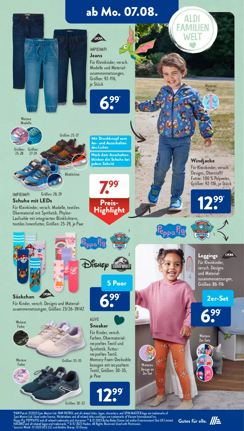 Aktueller Prospekt AldiSud - NÄCHSTE WOCHE - von 07.08 bis 12.08.2023 - strona 17 - produkty: decksohle, dell, deo, disney, eis, elle, ente, gin, Hasbro, Hylo, Jacke, jeans, Jura, Kinder, leds, leggings, Mode, Paw Patrol, Peppa Pig, reis, rel, Ria, Schal, schuhe, sneaker, söckchen, Ti, Windjacke