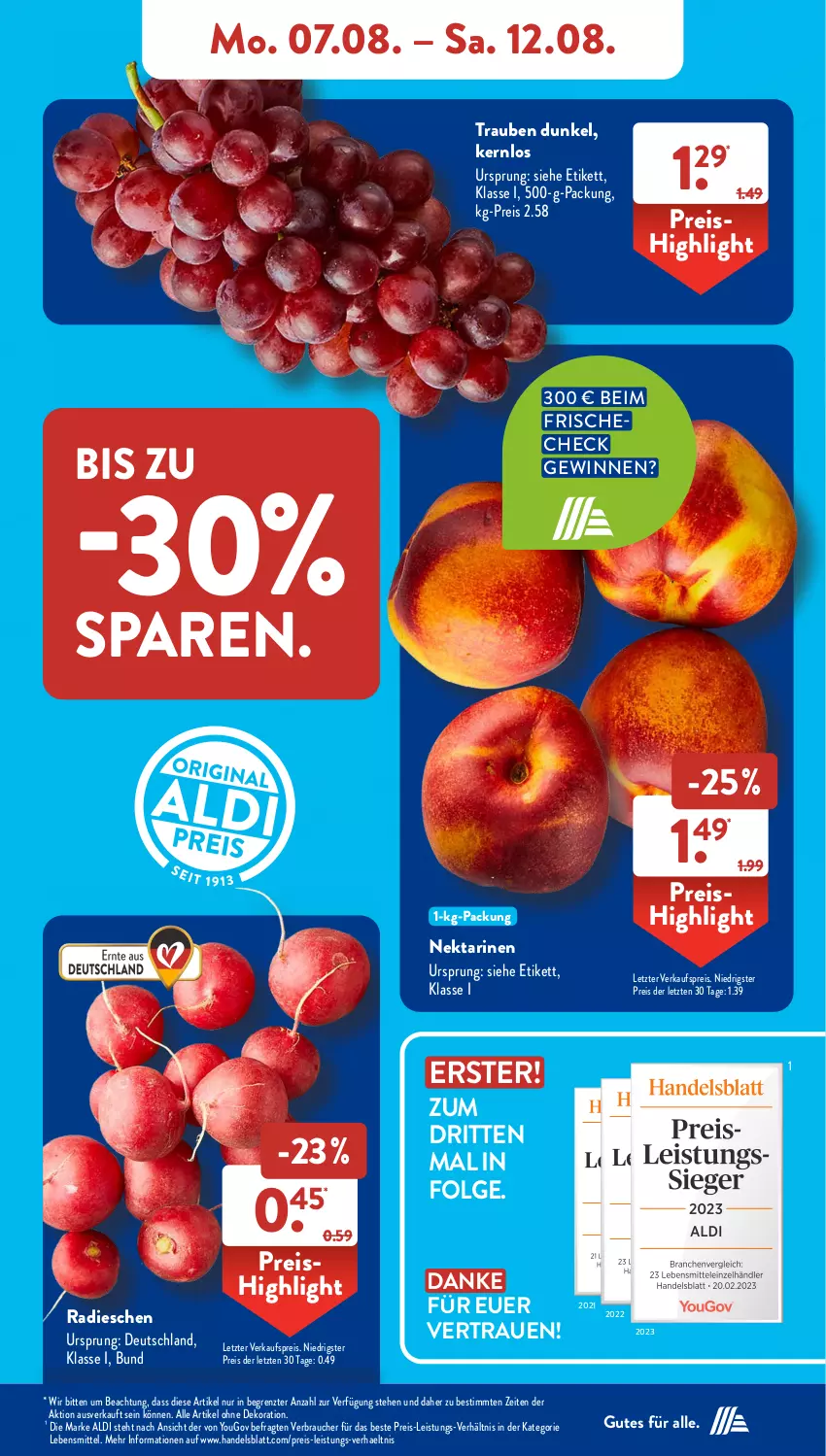 Aktueller Prospekt AldiSud - NÄCHSTE WOCHE - von 07.08 bis 12.08.2023 - strona 5 - produkty: aldi, alle artikel ohne dekoration, dekoration, eis, lebensmittel, LG, Nektar, nektarinen, radieschen, Rauch, reis, Ti, trauben, Yo, ZTE