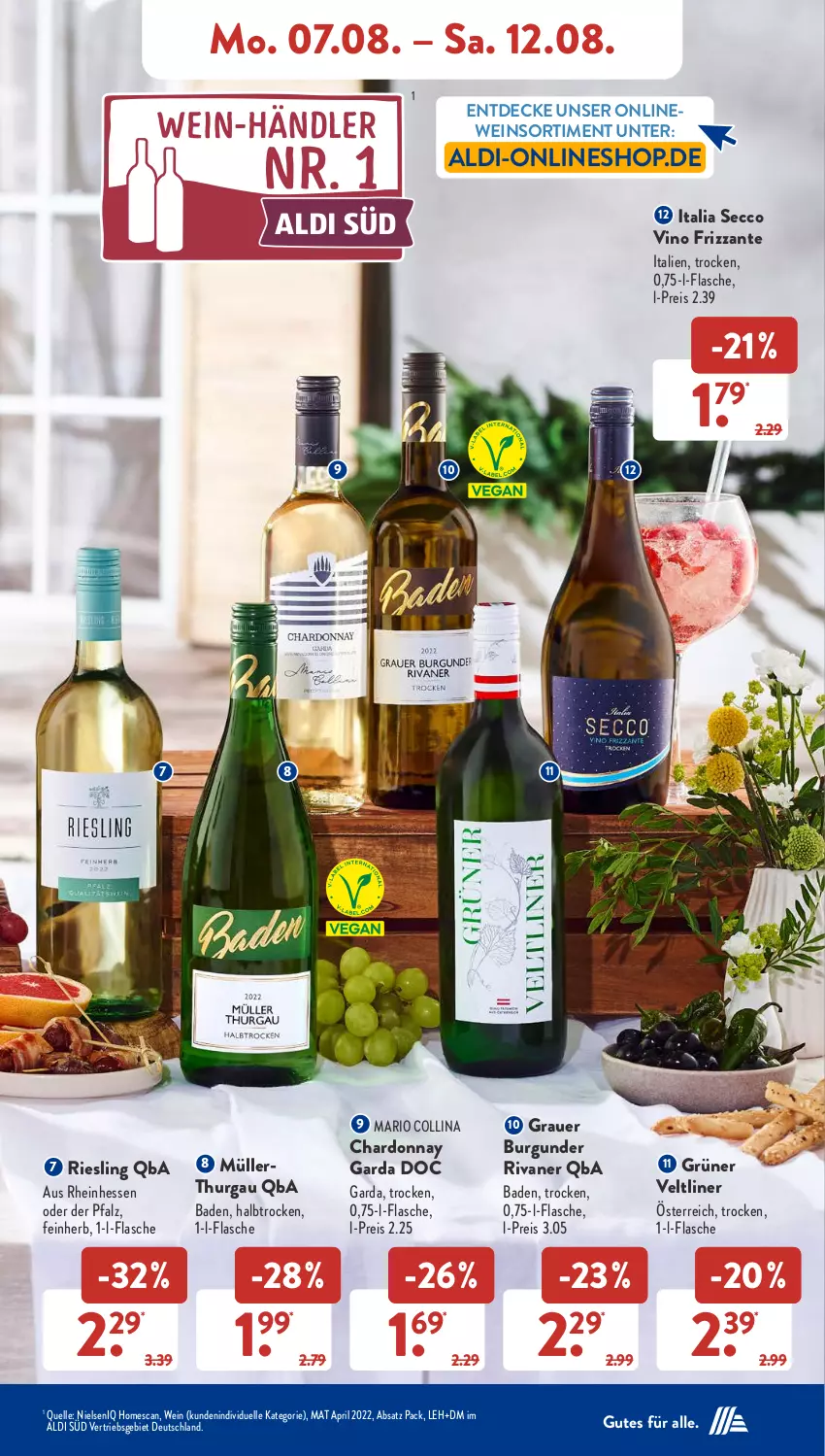 Aktueller Prospekt AldiSud - NÄCHSTE WOCHE - von 07.08 bis 12.08.2023 - strona 9 - produkty: aldi, auer, Bad, burgunder, chardonnay, decke, ecco, eis, elle, flasche, frizzante, grauer burgunder, grüner veltliner, Müller, pril, reis, riesling, Rivaner, Ti, wein