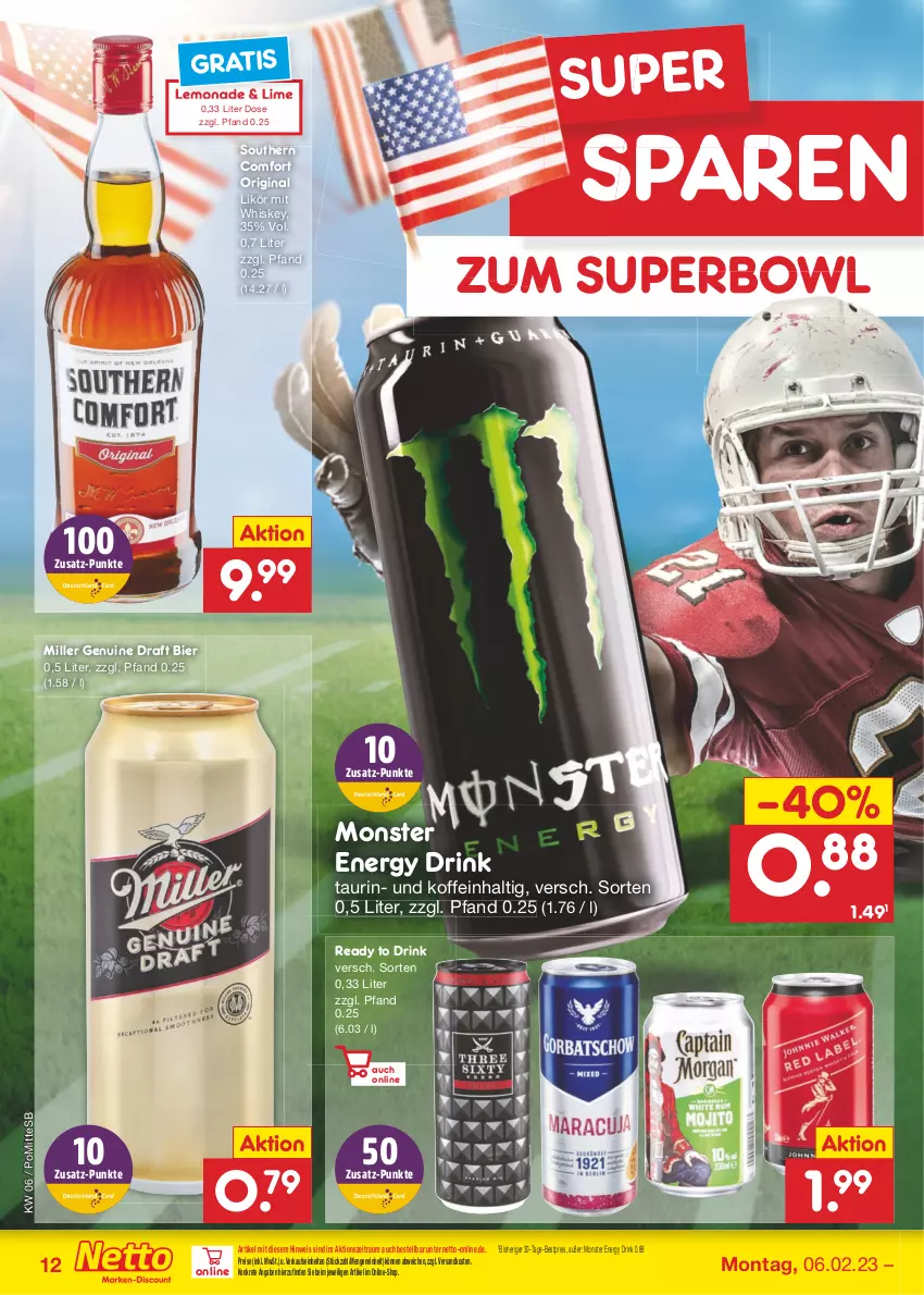 Aktueller Prospekt Netto Marken-Discount - Filial-Angebote - von 06.02 bis 11.02.2023 - strona 12 - produkty: bestpreis, bier, drink, eis, energy drink, gin, lemonade, likör, monster, Monster Energy, ndk, reis, Southern Comfort, Ti, whiskey