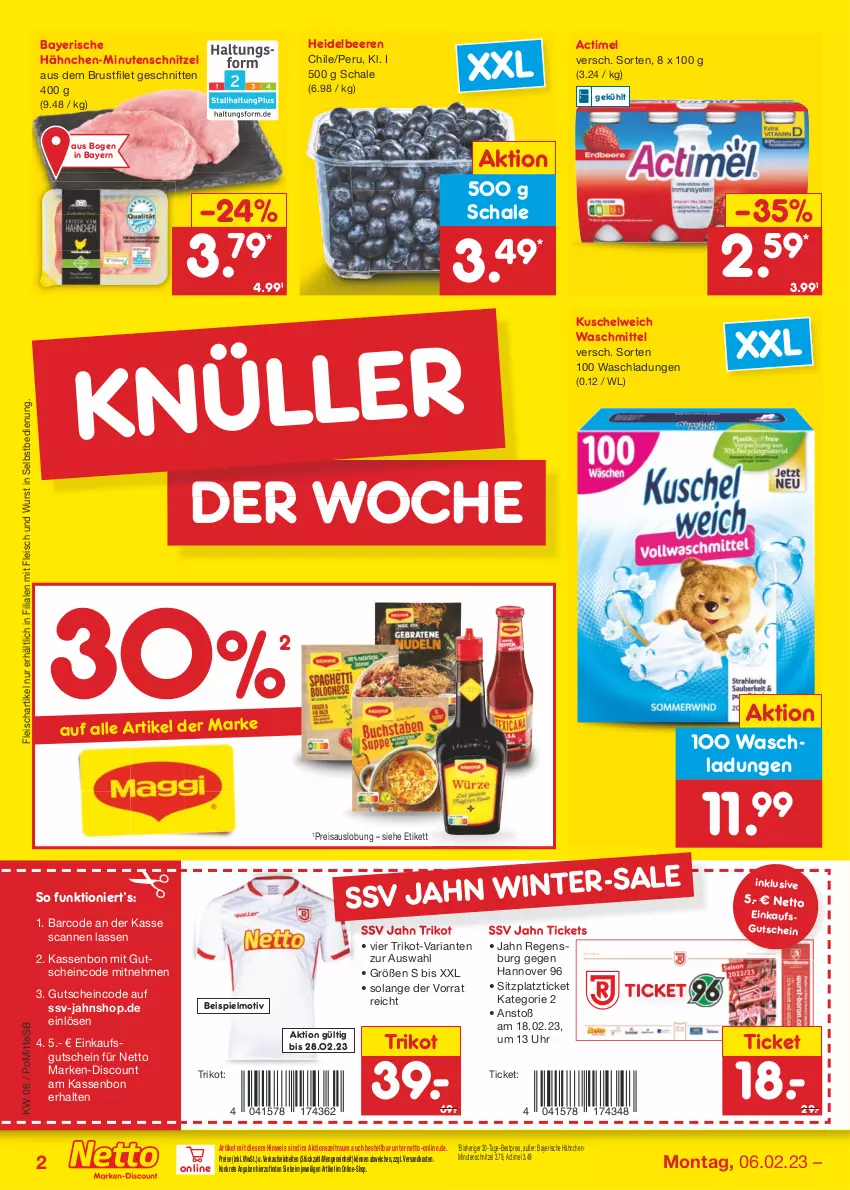 Aktueller Prospekt Netto Marken-Discount - Filial-Angebote - von 06.02 bis 11.02.2023 - strona 2 - produkty: actimel, beere, beeren, bestpreis, brustfilet, discount, eis, filet, fleisch, gutschein, heidelbeere, heidelbeeren, Kuschelweich, marken-discount, minutenschnitzel, ndk, reis, Ria, Schal, Schale, schnitten, schnitzel, Ti, Trikot, uhr, waschmittel, wurst, wurst in selbstbedienung