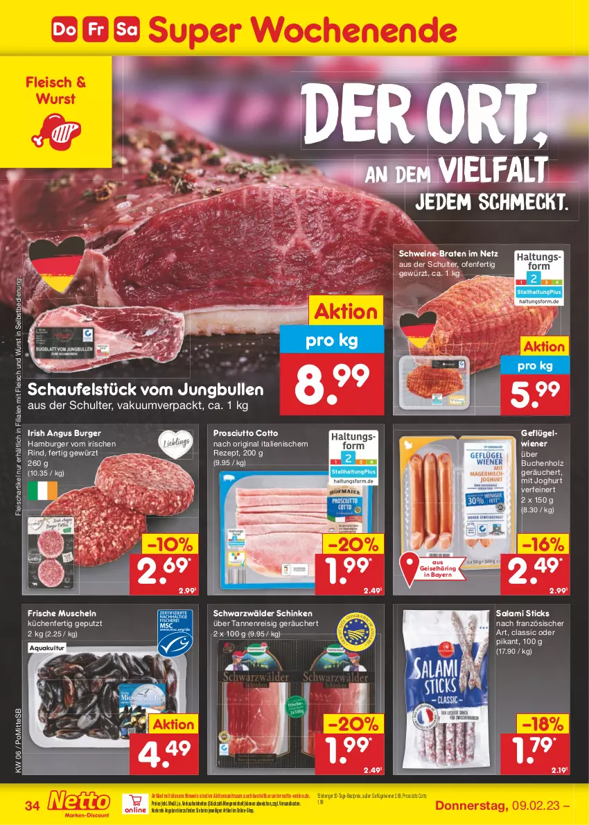 Aktueller Prospekt Netto Marken-Discount - Filial-Angebote - von 06.02 bis 11.02.2023 - strona 34 - produkty: aqua, bestpreis, braten, buch, burger, eis, fleisch, Geflügel, gewürz, gin, hamburger, Holz, joghur, joghurt, jungbullen, küche, Küchen, Muscheln, ndk, Ofen, prosciutto, prosciutto cotto, reis, rezept, rind, ring, salami, schinken, schwarzwälder schinken, schwein, schweine, Ti, wein, weine, wiener, wurst, wurst in selbstbedienung, ZTE