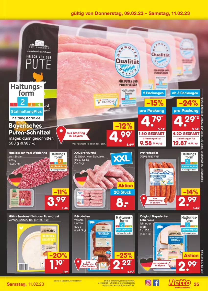 Aktueller Prospekt Netto Marken-Discount - Filial-Angebote - von 06.02 bis 11.02.2023 - strona 35 - produkty: angebot, bestpreis, braten, brustfilet, dell, eis, elle, filet, fleisch, frikadellen, gin, hackfleisch, hähnchenbrust, hähnchenbrustfilet, Käse, leberkäs, leberkäse, pfeffer, Pfefferbeißer, pute, putenbrust, reis, rind, schnitten, schnitzel, schwein, Ti, wein, wurst, wurst in selbstbedienung, ZTE