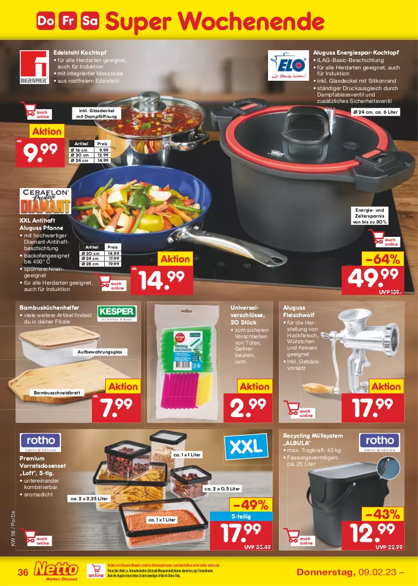 Aktueller Prospekt Netto Marken-Discount - Filial-Angebote - von 06.02 bis 11.02.2023 - strona 36 - produkty: backofen, bambus, beutel, Clin, decke, Deckel, edelstahl, eis, fleisch, gefrierbeutel, Glasdeckel, hackfleisch, herdarten, ilag, keks, kekse, Kochtopf, kraft, küche, Küchen, Küchenhelfer, LG, ndk, Ofen, pfanne, reis, spülmaschinen, Ti, topf, Tüte, würstchen