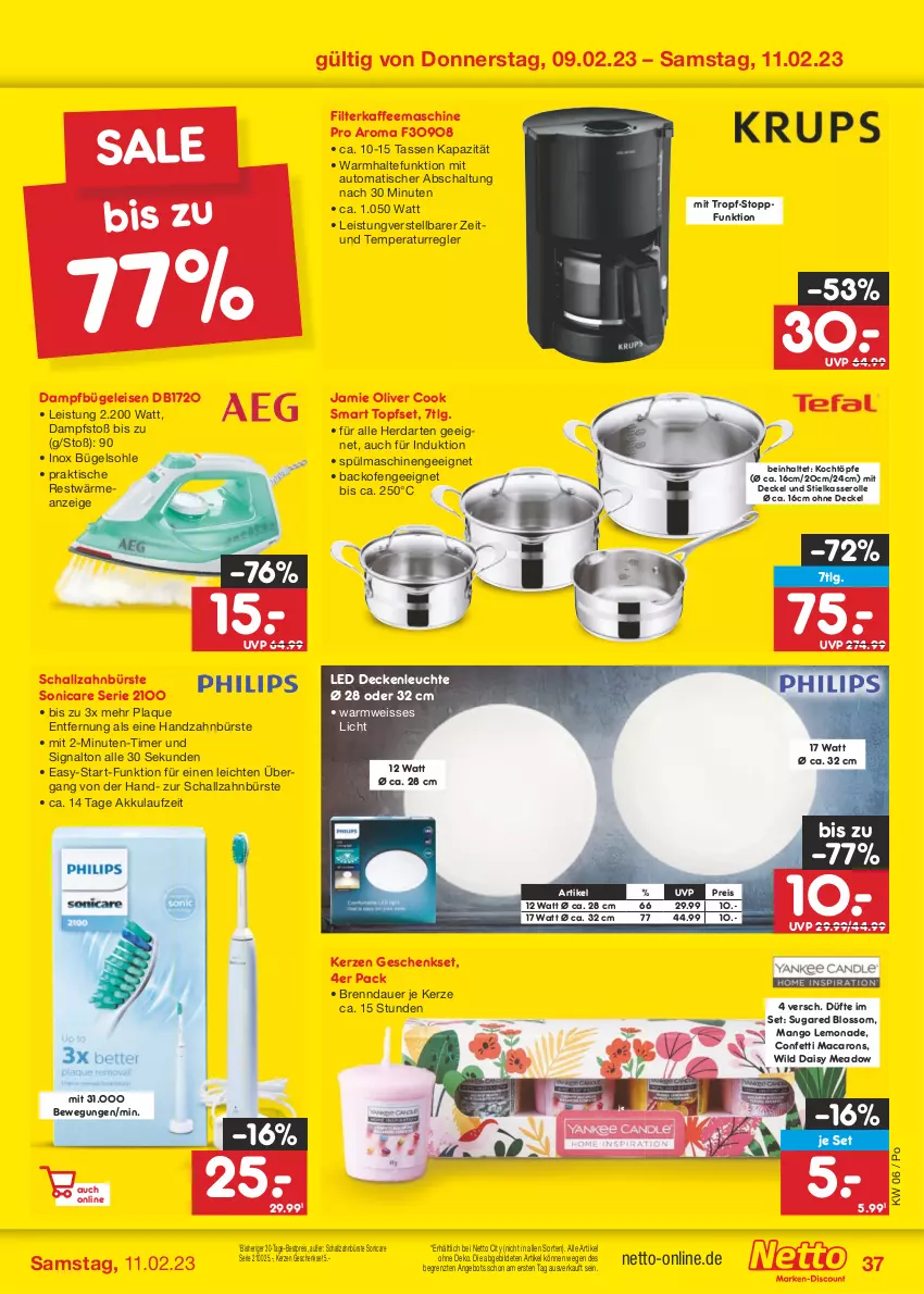 Aktueller Prospekt Netto Marken-Discount - Filial-Angebote - von 06.02 bis 11.02.2023 - strona 37 - produkty: akku, angebot, auer, auto, backofen, bestpreis, bügel, Bügeleisen, bürste, dampfbügeleisen, decke, Deckel, deckenleuchte, eis, filterkaffee, geschenkset, herdarten, kaffee, kaffeemaschine, kerze, LED Deckenleuchte, lemonade, Leuchte, LG, mac, Macarons, mango, Ofen, olive, reis, Schal, schallzahnbürste, Signal, sonicare, spülmaschinen, stielkasserolle, tasse, Ti, timer, tisch, topf, Topfset, Wild, zahnbürste, ZTE