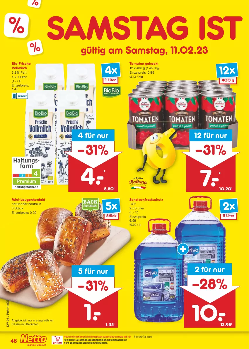 Aktueller Prospekt Netto Marken-Discount - Filial-Angebote - von 06.02 bis 11.02.2023 - strona 46 - produkty: angebot, backofen, bestpreis, bio, eis, milch, natur, ndk, Ofen, reis, Scheibenfrostschutz, stube, Ti, tomate, tomaten, vollmilch