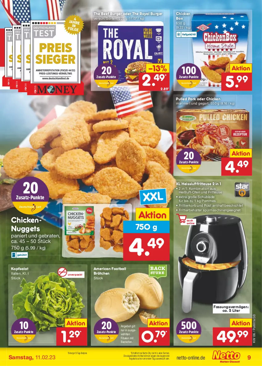 Aktueller Prospekt Netto Marken-Discount - Filial-Angebote - von 06.02 bis 11.02.2023 - strona 9 - produkty: angebot, asti, backofen, ball, beef, Behälter, bestpreis, braten, brötchen, burger, eis, fritteuse, Frittierkorb, kopfsalat, korb, nuggets, Ofen, pommes, Pulled Pork, reis, salat, spülmaschinen, stube, Ti, ZTE