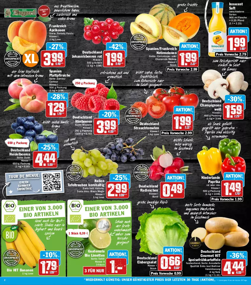 Aktueller Prospekt Hit - Prospekte - von 11.07 bis 16.07.2022 - strona 2 - produkty: aprikose, aprikosen, banane, bananen, Bau, beere, beeren, berliner, bio, bio hit, braten, champignon, champignons, eis, eisbergsalat, elle, flasche, fleisch, frucht, früchte, fruchtfleisch, Frühkartoffeln, grill, heidelbeere, heidelbeeren, himbeer, himbeere, himbeeren, Innocent, joghur, joghurt, johannisbeere, Johannisbeeren, kartoffel, kartoffeln, lack, limette, limetten, mac, melone, melonen, Mett, metten, nuss, obst, paprika, pfirsich, pfirsiche, plattpfirsiche, quark, radieschen, Rauch, reis, Ria, rwe, saft, salat, salate, Schal, Schale, shake, smoothie, snack, speisefrühkartoffeln, strauchtomaten, tafeltrauben, Ti, tisch, tomate, tomaten, trauben, vanille, ZTE, zucker