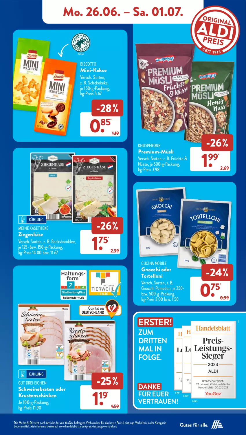 Aktueller Prospekt AldiSud - NÄCHSTE WOCHE - von 26.06 bis 01.07.2023 - strona 13 - produkty: aldi, biscotto, braten, cin, eis, früchte, gnocchi, Käse, käsetheke, keks, kekse, Krustenschinken, lebensmittel, LG, müsli, Rauch, reis, schinken, schoko, schwein, schweine, schweinebraten, Ti, torte, tortelloni, wein, weine, Yo, ziegenkäse