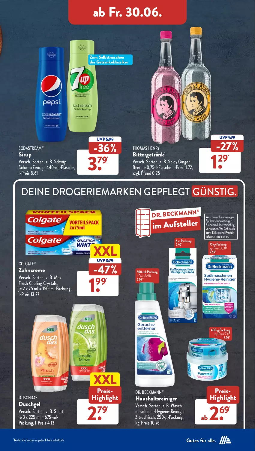 Aktueller Prospekt AldiSud - NÄCHSTE WOCHE - von 26.06 bis 01.07.2023 - strona 29 - produkty: bio, biozidprodukte, colgate, creme, Dr. Beckmann, duschdas, duschgel, eis, elle, flasche, getränk, getränke, gin, ginger, hygiene-reiniger, LG, maschinenreiniger, Max Fresh, Rauch, reiniger, reis, rwe, Schwip Schwap, sirup, Soda, sodastream, Sport, spülmaschinen, teller, thomas henry, Ti, waschmaschine, waschmaschinen, zahncreme