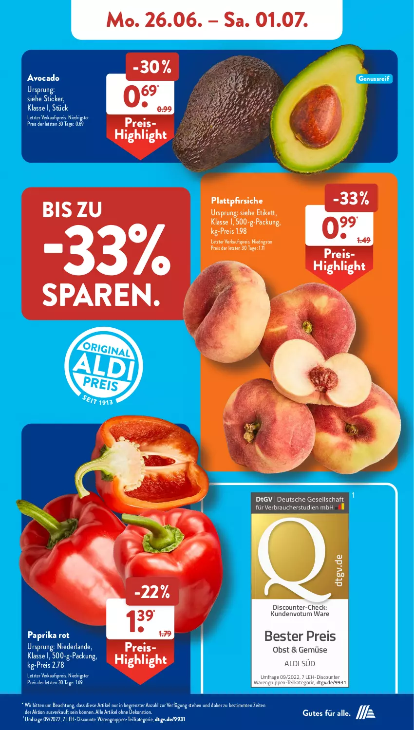 Aktueller Prospekt AldiSud - NÄCHSTE WOCHE - von 26.06 bis 01.07.2023 - strona 7 - produkty: aldi, alle artikel ohne dekoration, avocado, dekoration, discount, eis, nuss, obst, paprika, paprika rot, pfirsich, pfirsiche, plattpfirsiche, reis, Ti, ZTE