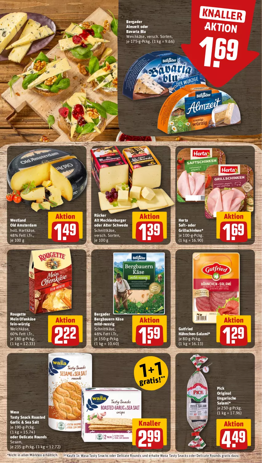 Aktueller Prospekt Rewe - Prospekte - von 23.10 bis 28.10.2023 - strona 13 - produkty: auer, Bau, Bauer, bavaria blu, bergader, burger, gin, grill, gutfried, hartkäse, herta, Käse, nuss, Ofen, Ofenkäse, Old Amsterdam, Ria, rouge, rougette, saft, salami, schinken, schnittkäse, sesam, snack, snacks, Ti, Ungarische Salami, wasa, weichkäse