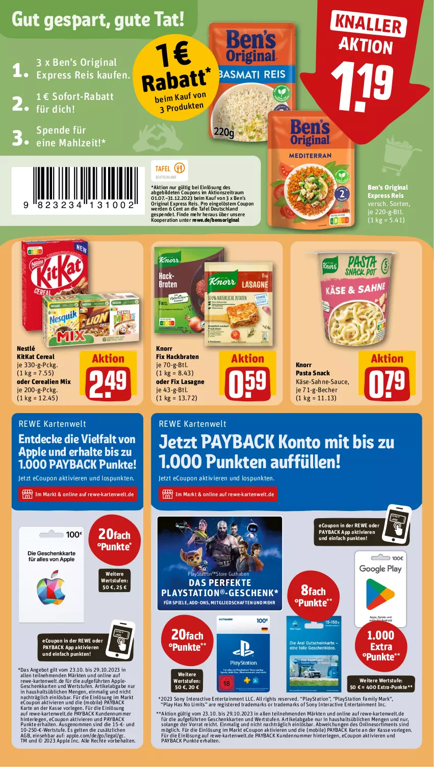 Aktueller Prospekt Rewe - Prospekte - von 23.10 bis 28.10.2023 - strona 16 - produkty: angebot, Apple, Becher, Ben’s Original, braten, cerealien, coupon, coupons, decke, eis, ente, erde, gin, Käse, kitkat, knorr, knorr fix, knorr pasta, lasagne, lays, nestlé, pasta, pasta snack, payback, PlayStation, reis, sahne, sauce, snack, sofort-rabatt, sony, Spiele, Ti