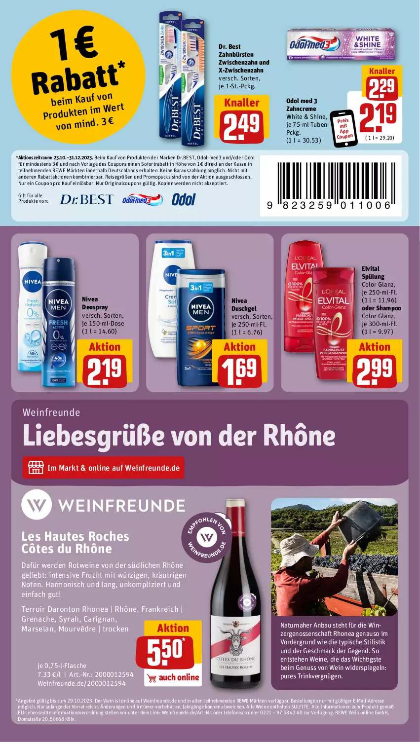 Aktueller Prospekt Rewe - Prospekte - von 23.10 bis 28.10.2023 - strona 18 - produkty: angebot, Bau, bürste, bürsten, coupon, coupons, creme, deo, deospray, Dr. Best, duschgel, eis, Elan, elle, elvital, erde, flasche, frucht, gin, lebensmittel, mac, mars, natur, nivea, nuss, Odol, odol med, reis, rotwein, shampoo, sofortrabatt, spiegel, spülung, telefon, Ti, vita, wein, weine, zahnbürste, zahnbürsten, zahncreme