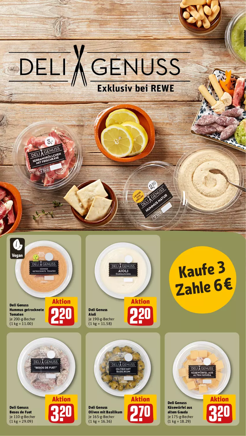 Aktueller Prospekt Rewe - Prospekte - von 23.10 bis 28.10.2023 - strona 8 - produkty: aioli, basilikum, Becher, Getrocknete Tomaten, gouda, hummus, Käse, nuss, olive, oliven, Ti, tomate, tomaten, würfel