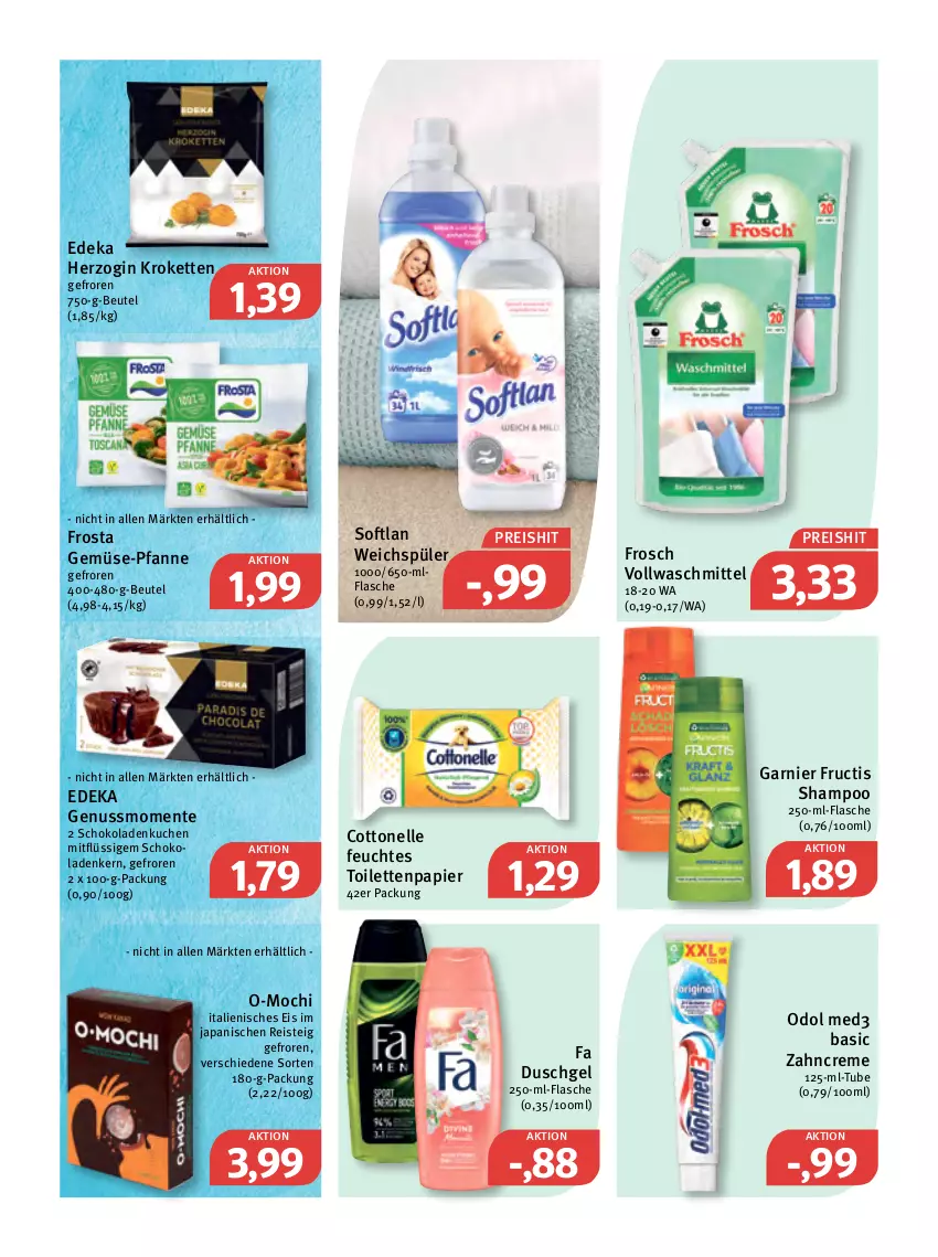 Aktueller Prospekt Feneberg - Prospekte - von 31.03 bis 02.04.2022 - strona 10 - produkty: beutel, cottonelle, creme, deka, duschgel, eis, elle, ente, fa duschgel, feuchtes toilettenpapier, flasche, Frosch, frosta, fructis, garnier, gemüse-pfanne, gin, Kette, Kroketten, kuchen, Mochi, nuss, Odol, odol med, odol med3, papier, pfanne, reis, schoko, schokolade, schokoladen, shampoo, Softlan, Ti, toilettenpapier, vollwaschmittel, waschmittel, weichspüler, zahncreme