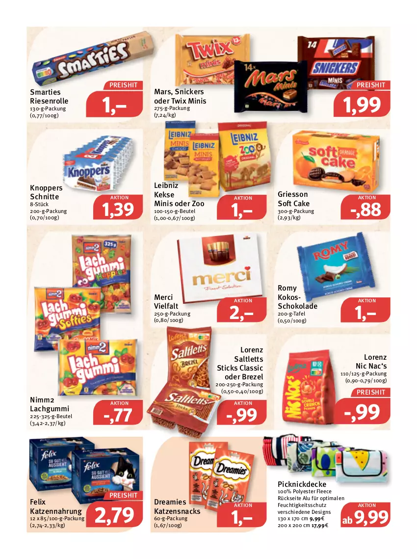 Aktueller Prospekt Feneberg - Prospekte - von 31.03 bis 02.04.2022 - strona 14 - produkty: beutel, brezel, decke, dreamies, eis, felix, griesson, katzennahrung, katzensnack, katzensnacks, keks, kekse, knoppers, kokos, lachgummi, leibniz, lorenz, mars, merci, nimm2, oder twix, picknickdecke, reis, saltletts, schoko, schokolade, smarties, snack, snacks, snickers, Ti, twix