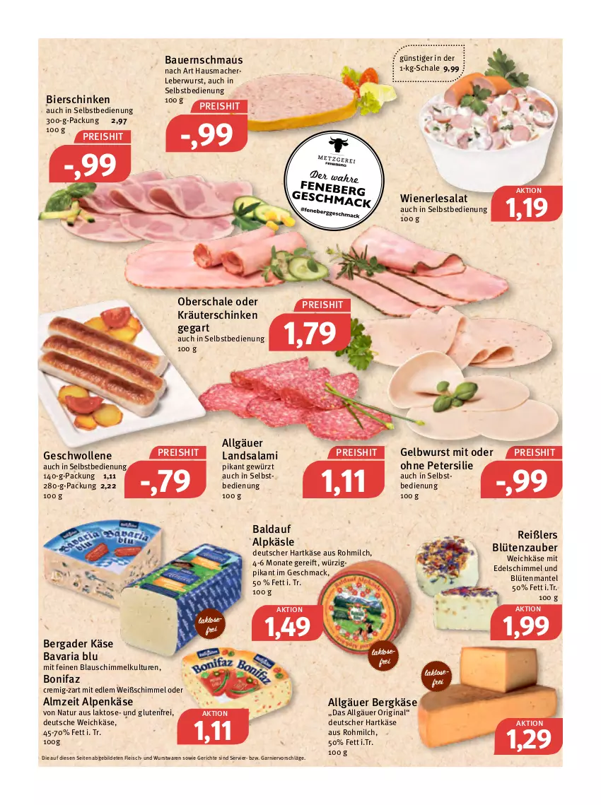 Aktueller Prospekt Feneberg - Prospekte - von 31.03 bis 02.04.2022 - strona 4 - produkty: auer, Bau, Bauer, bavaria blu, bergader, Bergkäse, bier, bierschinken, Blüte, eis, fleisch, garnier, gewürz, gin, hartkäse, Hausmacher, Käse, kräuter, leberwurst, LG, mac, Mantel, Maus, milch, natur, oder kräuter, petersilie, reis, Ria, salami, salat, Schal, Schale, schinken, Ti, weichkäse, wiener, wolle, wurst