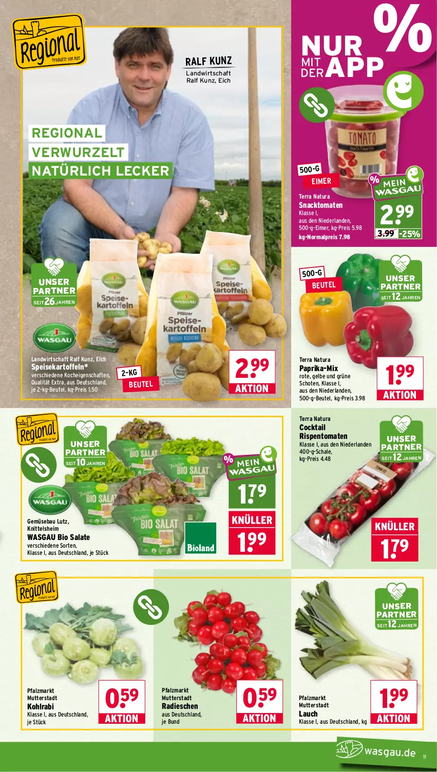 Aktueller Prospekt Wasgau - von 17.08 bis 22.08.2026 - strona 11 - produkty: Bau, beutel, bio, cocktail, eimer, eis, kartoffel, kartoffeln, kohlrabi, natur, natura, paprika, radieschen, reis, rispentomaten, salat, salate, Schal, Schale, snack, speisekartoffeln, tomate, tomaten, Zelt