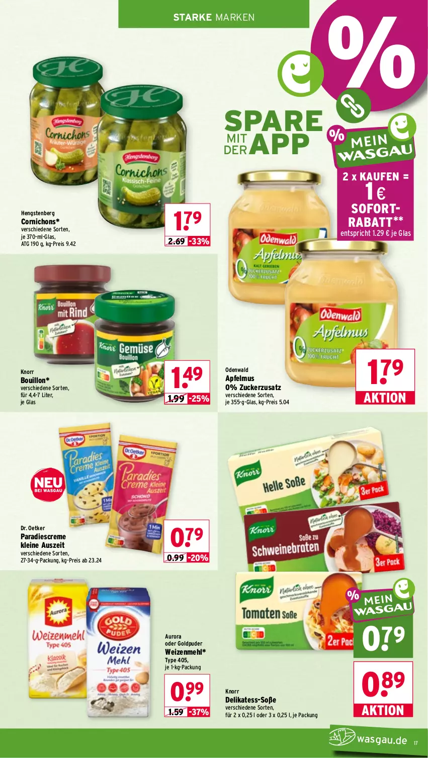 Aktueller Prospekt Wasgau - von 17.08 bis 22.08.2026 - strona 17 - produkty: apfel, apfelmus, creme, Dr. Oetker, eis, hengstenberg, knorr, leine, mehl, odenwald, reis, sofortrabatt, Soße, type 405, weizenmehl, zucker