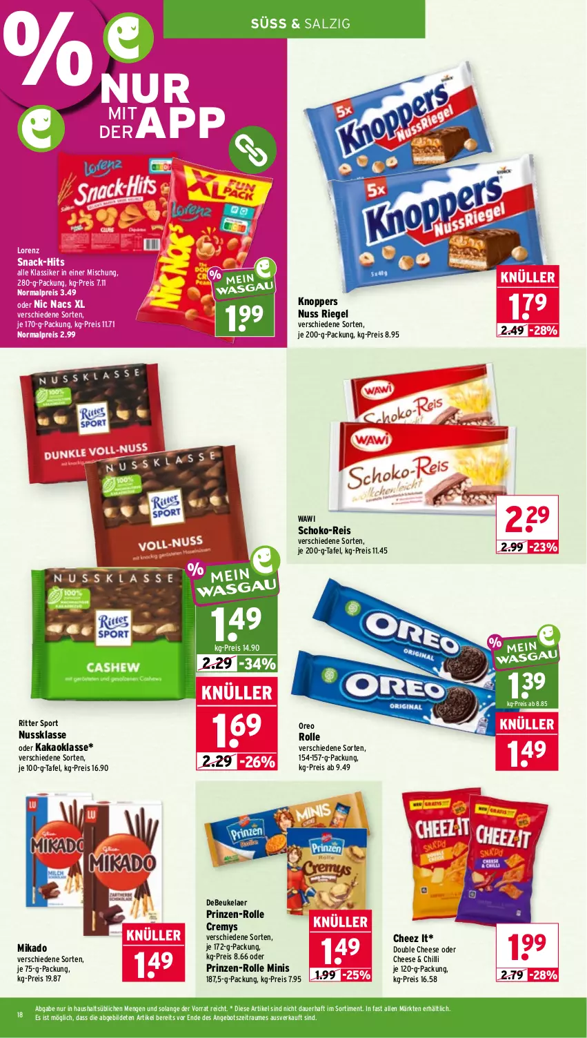 Aktueller Prospekt Wasgau - von 17.08 bis 22.08.2026 - strona 18 - produkty: angebot, auer, cremys, debeukelaer, eis, kakao, knoppers, lorenz, mikado, nuss, oreo, reis, riegel, ritter, ritter sport, salz, schoko, snack, Sport, Ti