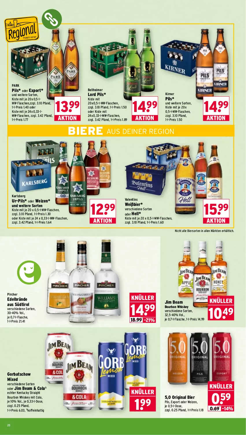 Aktueller Prospekt Wasgau - von 17.08 bis 22.08.2026 - strona 20 - produkty: bier, Biere, bourbon, bourbon whiskey, cola, eimer, eis, flasche, gin, Gorbatschow, jim beam, karlsberg, kentucky straight, mw-flasche, pils, pircher, reis, Ti, tuc, whiskey