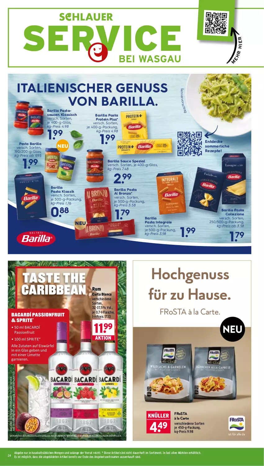 Aktueller Prospekt Wasgau - von 17.08 bis 22.08.2026 - strona 24 - produkty: angebot, auer, barilla, decke, eis, flasche, frosta, merl, nuss, pasta, pesto, reis, rezept, rezepte, rum, sauce, saucen, Spezi, Ti