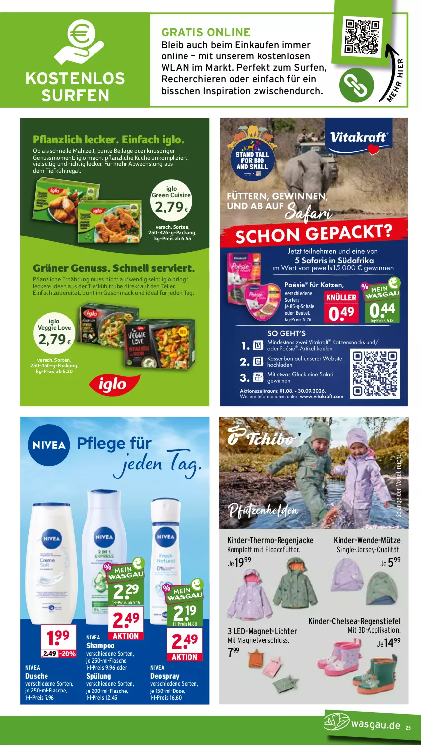 Aktueller Prospekt Wasgau - von 17.08 bis 22.08.2026 - strona 25 - produkty: beutel, deo, deospray, dusche, eis, elle, flasche, iglo, ilag, Jacke, Kinder, küche, kühlregal, mac, Mütze, nivea, nuss, regal, reis, ring, Schal, Schale, shampoo, spülung, Surf, teller, Ti, veggie, Veggie Love