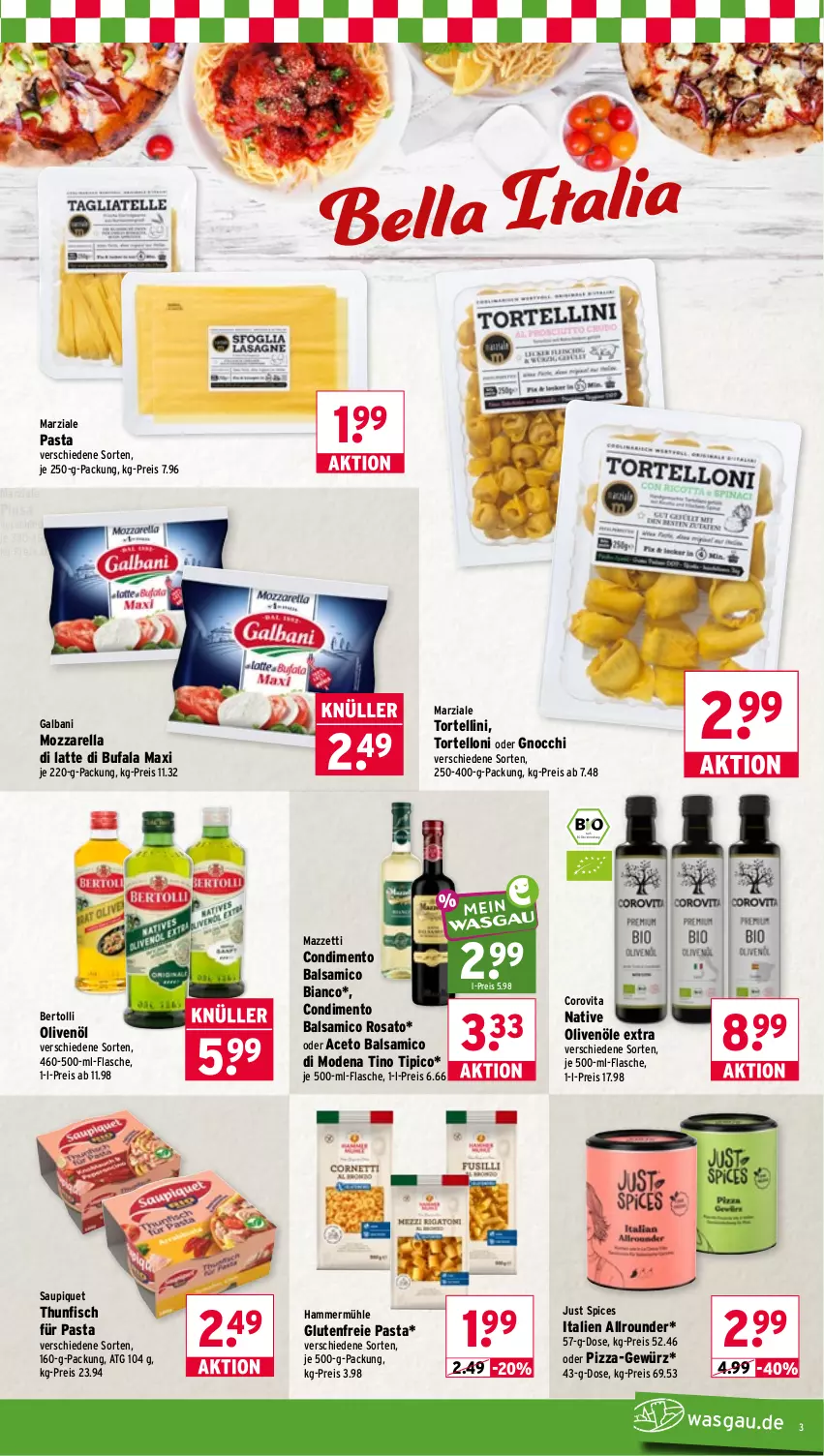 Aktueller Prospekt Wasgau - von 17.08 bis 22.08.2026 - strona 3 - produkty: aceto, aceto balsamico, balsam, balsamico, balsamico bianco, bertolli, bier, Biere, bio, Bio-Olivenöl, condimento, di bufala, eis, fisch, flasche, frucht, galbani, gewürz, gnocchi, je 250-g-packung, je 500-ml-flasche, latte, Mode, mozzarella, olive, oliven, olivenöl, pasta, pizza, reis, rel, rosato, saupiquet, thunfisch, Ti, Tipi, torte, tortellini, tortelloni, vita, Vita C