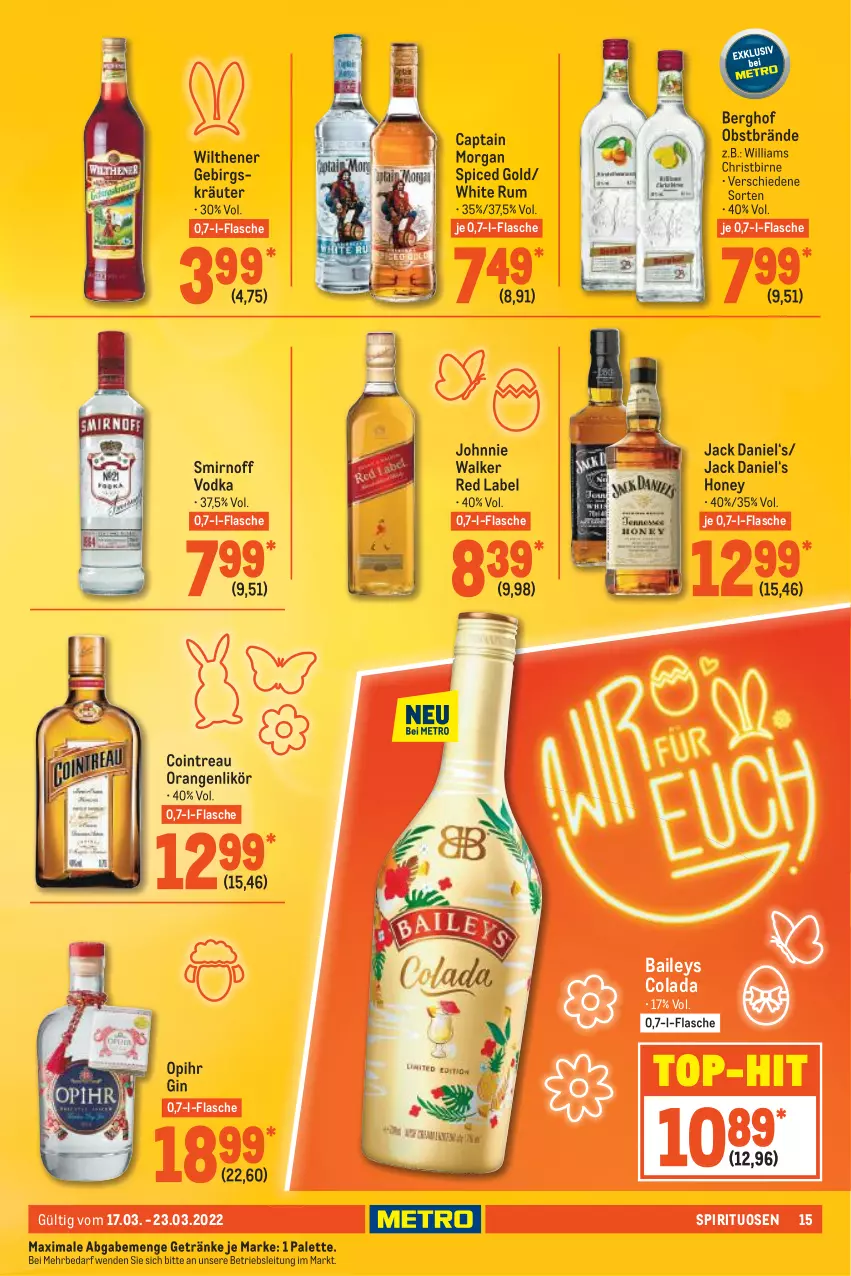 Aktueller Prospekt Metro - Food - von 17.03 bis 23.03.2022 - strona 15 - produkty: baileys, Cap, captain morgan, cola, flasche, getränk, getränke, gin, jack daniel, johnnie walker, kräuter, likör, obst, orange, orangen, Palette, rum, smirnoff, spirituosen, Ti, top-hit, vodka, white rum, wilthener