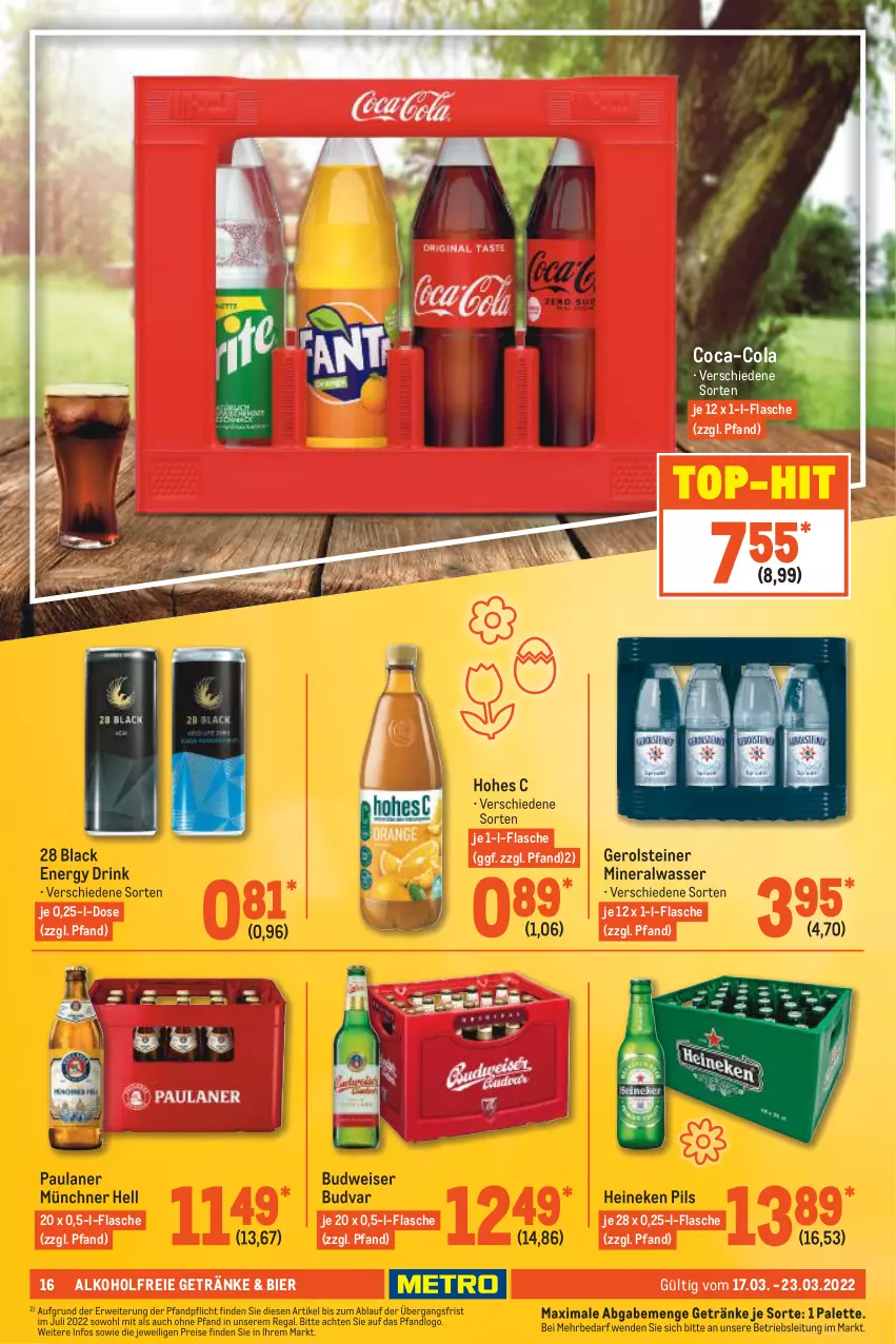 Aktueller Prospekt Metro - Food - von 17.03 bis 23.03.2022 - strona 16 - produkty: alkohol, alkoholfreie getränke, Alwa, bier, budweiser, coca-cola, cola, drink, eis, energy drink, flasche, gerolsteine, gerolsteiner, getränk, getränke, heineken, Hohes C, lack, mineralwasser, Palette, Paula, paulaner, pils, regal, reis, rwe, steiner, Ti, top-hit, wasser