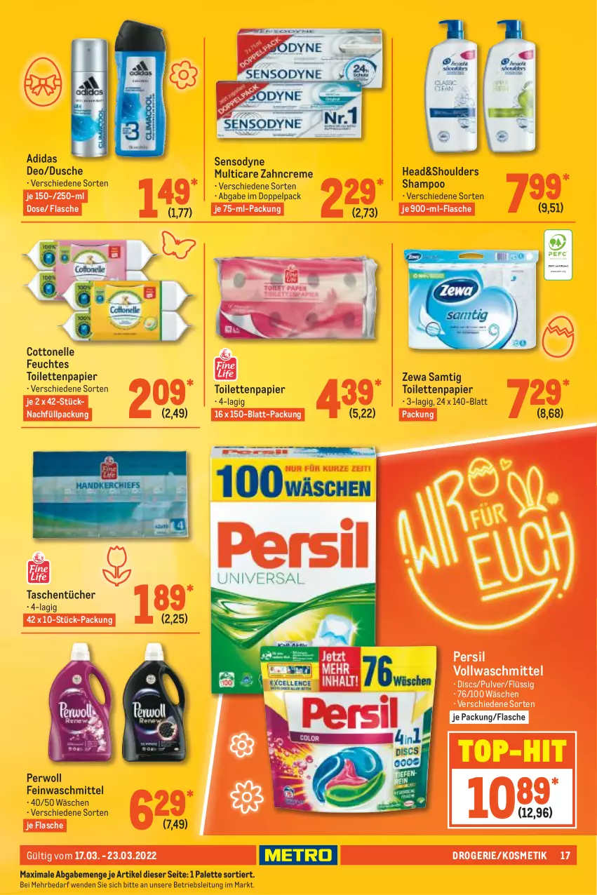 Aktueller Prospekt Metro - Food - von 17.03 bis 23.03.2022 - strona 17 - produkty: Adidas, cottonelle, creme, deo, dusche, elle, feinwaschmittel, feuchtes toilettenpapier, flasche, kosmetik, Palette, papier, persil, perwoll, sensodyne, shampoo, Tasche, taschen, taschentücher, Ti, toilettenpapier, top-hit, tücher, vollwaschmittel, waschmittel, zahncreme, zewa