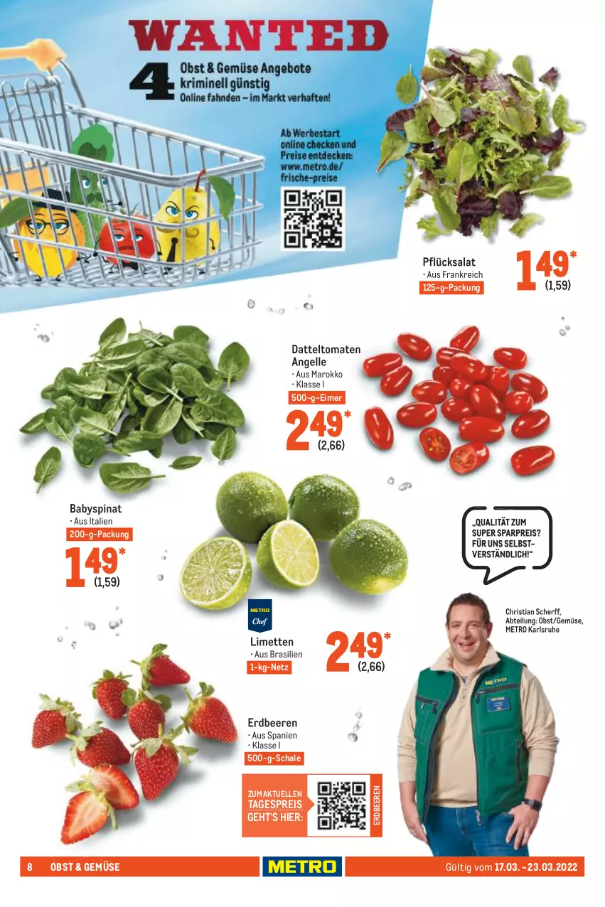 Aktueller Prospekt Metro - Food - von 17.03 bis 23.03.2022 - strona 8 - produkty: Abtei, Babyspinat, beere, beeren, datteltomaten, eimer, eis, elle, erdbeere, erdbeeren, limette, limetten, Metro, Mett, metten, obst, reis, salat, Schal, Schale, spinat, Ti, tomate, tomaten