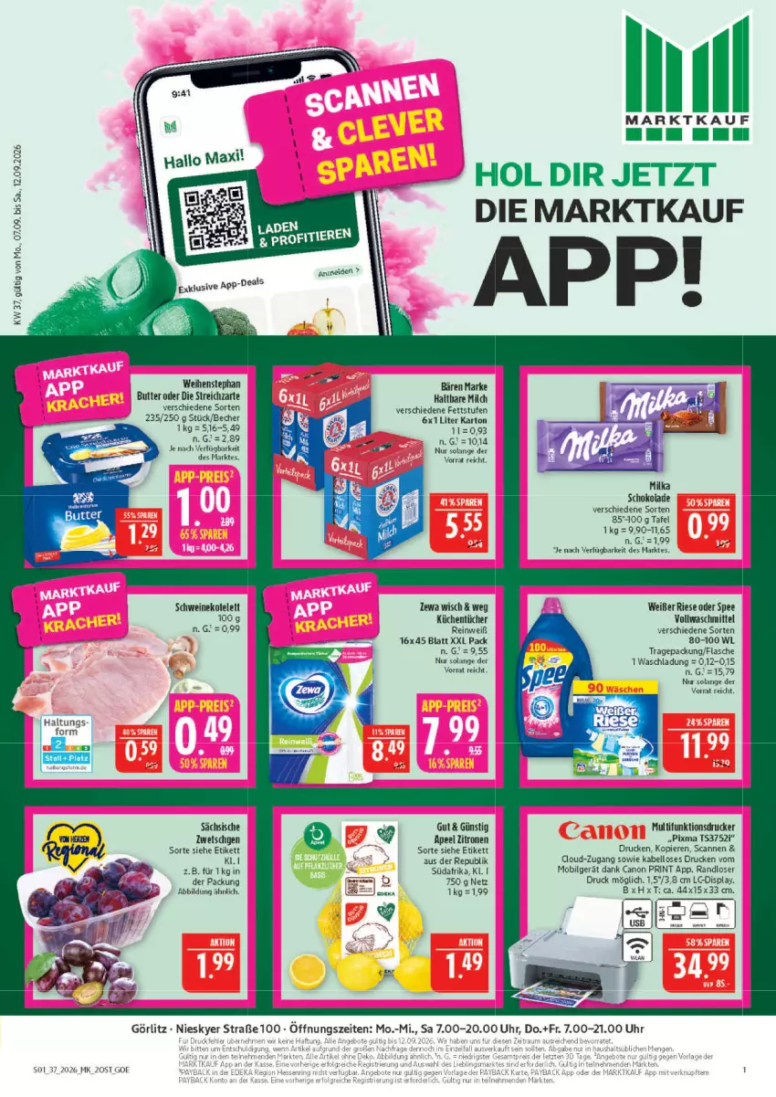 Aktueller Prospekt Marktkauf - Prospekt - von 06.09 bis 12.09.2026 - strona 1 - produkty: Becher, butter, canon, drucker, flasche, haltbare milch, küche, Küchen, küchentücher, LG, milch, milka, milka schokolade, multifunktionsdrucker, schoko, schokolade, schwein, schweine, spee, Streichzart, Ti, tücher, uhr, vollwaschmittel, waschmittel, weihenstephan, wein, weine, zitrone, zitronen