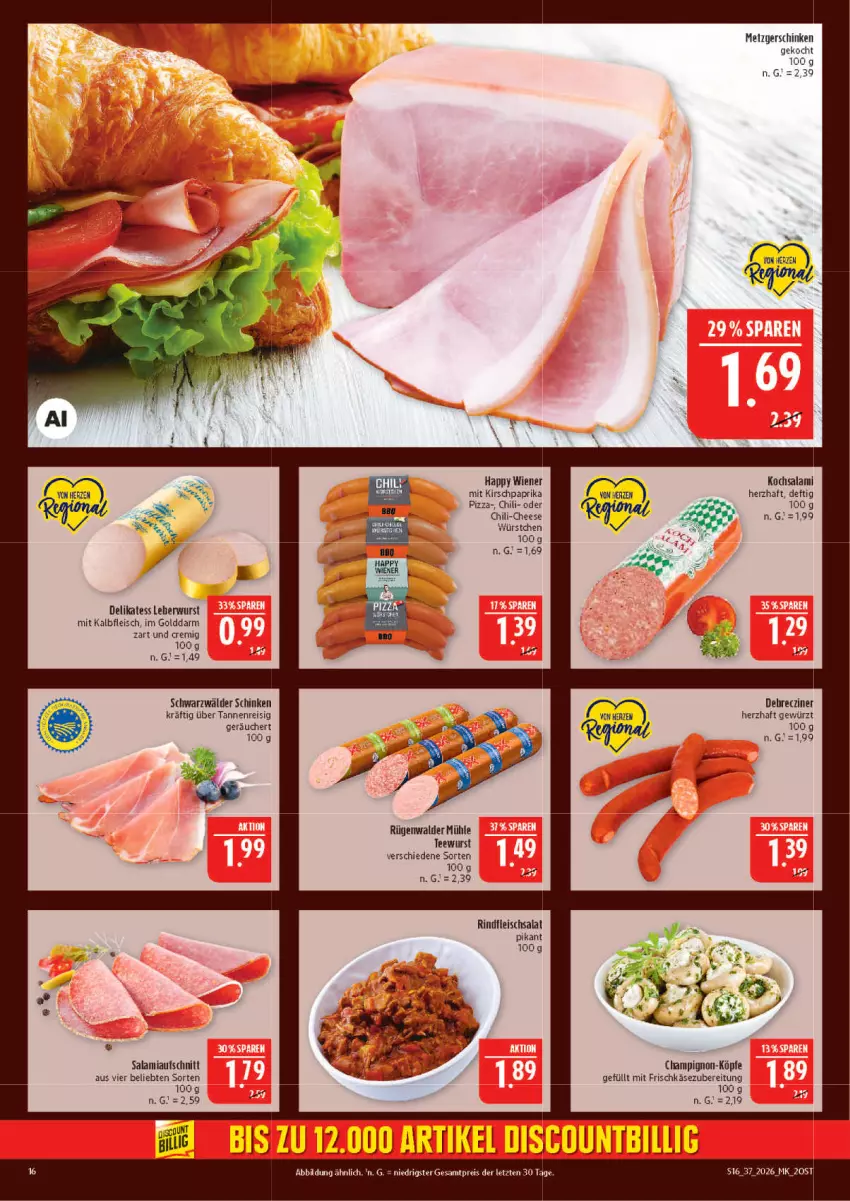 Aktueller Prospekt Marktkauf - Prospekt - von 06.09 bis 12.09.2026 - strona 16 - produkty: aufschnitt, champignon, chili, debrecziner, discount, eis, fleisch, fleischsalat, frischkäse, frischkäsezubereitung, gewürz, HP, Kalbfleisch, Käse, kirsch, leberwurst, mit kalbfleisch, paprika, pizza, reis, rind, rindfleisch, rügenwalder, rügenwalder mühle, salami, salat, schinken, schwarzwälder schinken, tee, teewurst, Ti, wiener, wurst, würstchen, ZTE